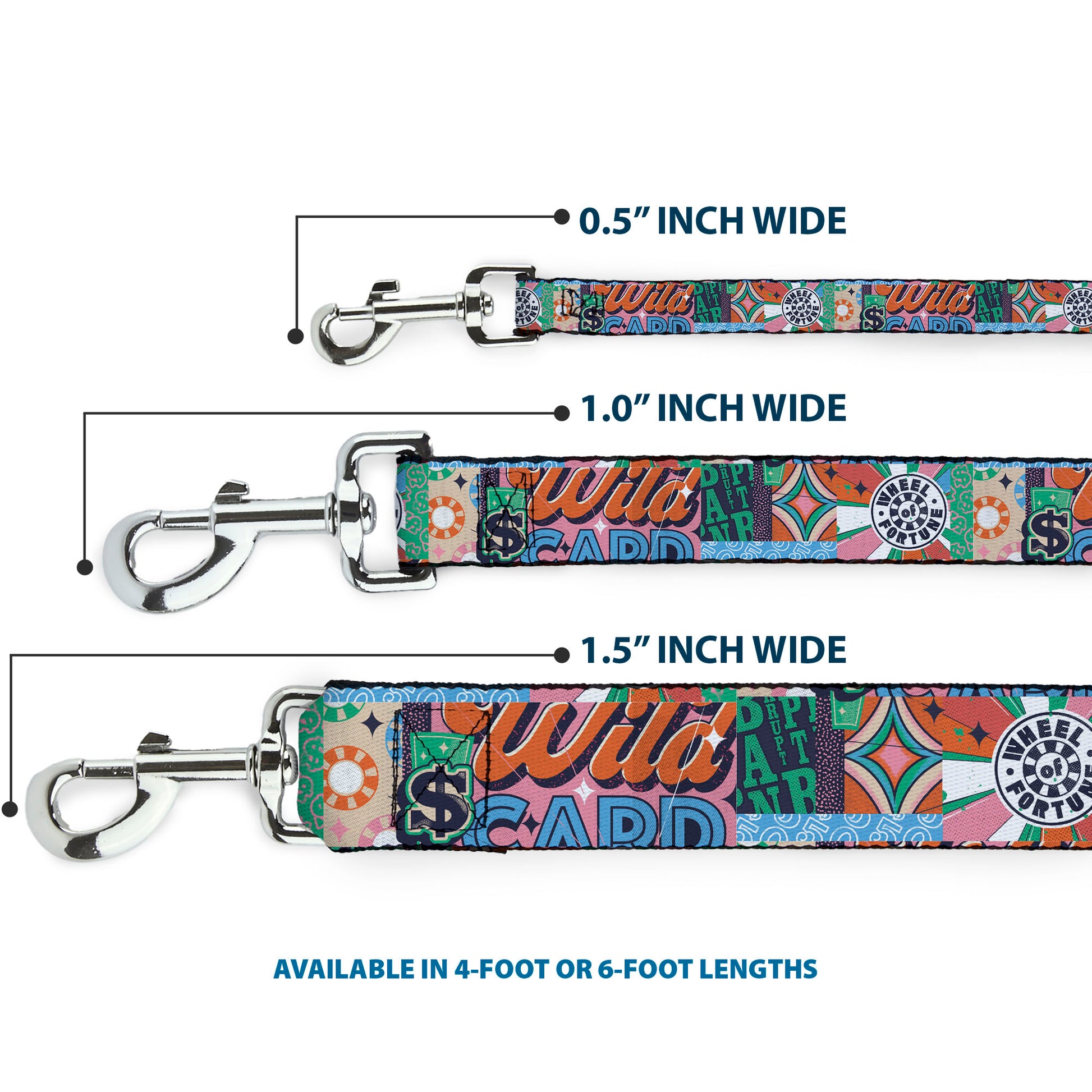 Dog Leash - WHEEL OF FORTUNE Logo and WILD CARD Collage Multi Color Dog Leashes Wheel of Fortune