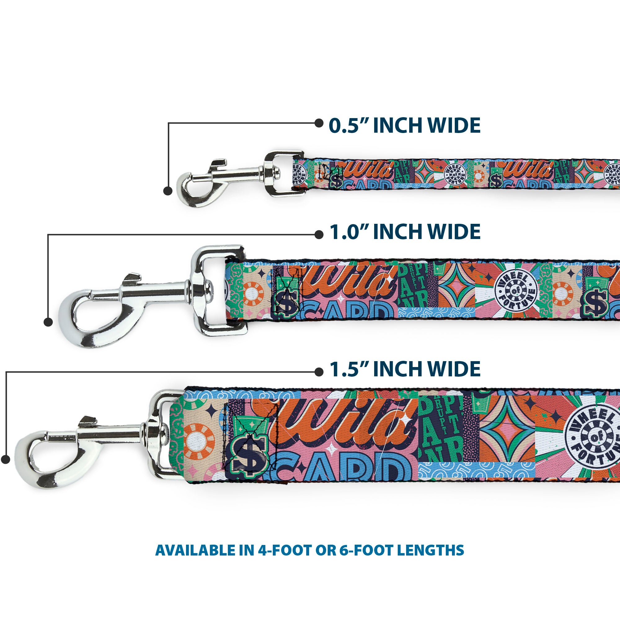 Dog Leash - WHEEL OF FORTUNE Logo and WILD CARD Collage Multi Color Dog Leashes Wheel of Fortune
