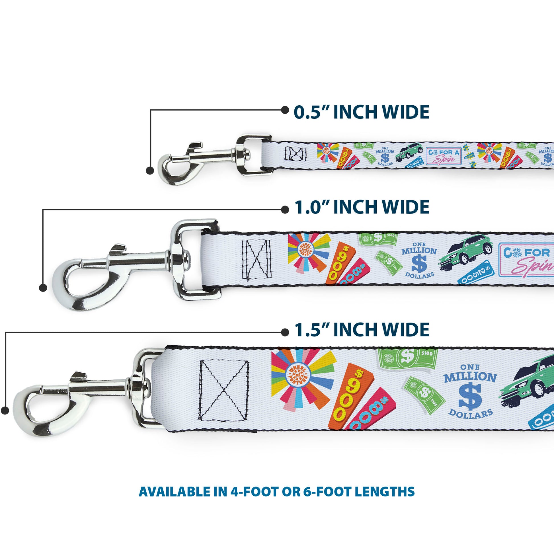 Dog Leash - Wheel of Fortune GO FOR A SPIN Prize Collage White/Multi Color Dog Leashes Wheel of Fortune