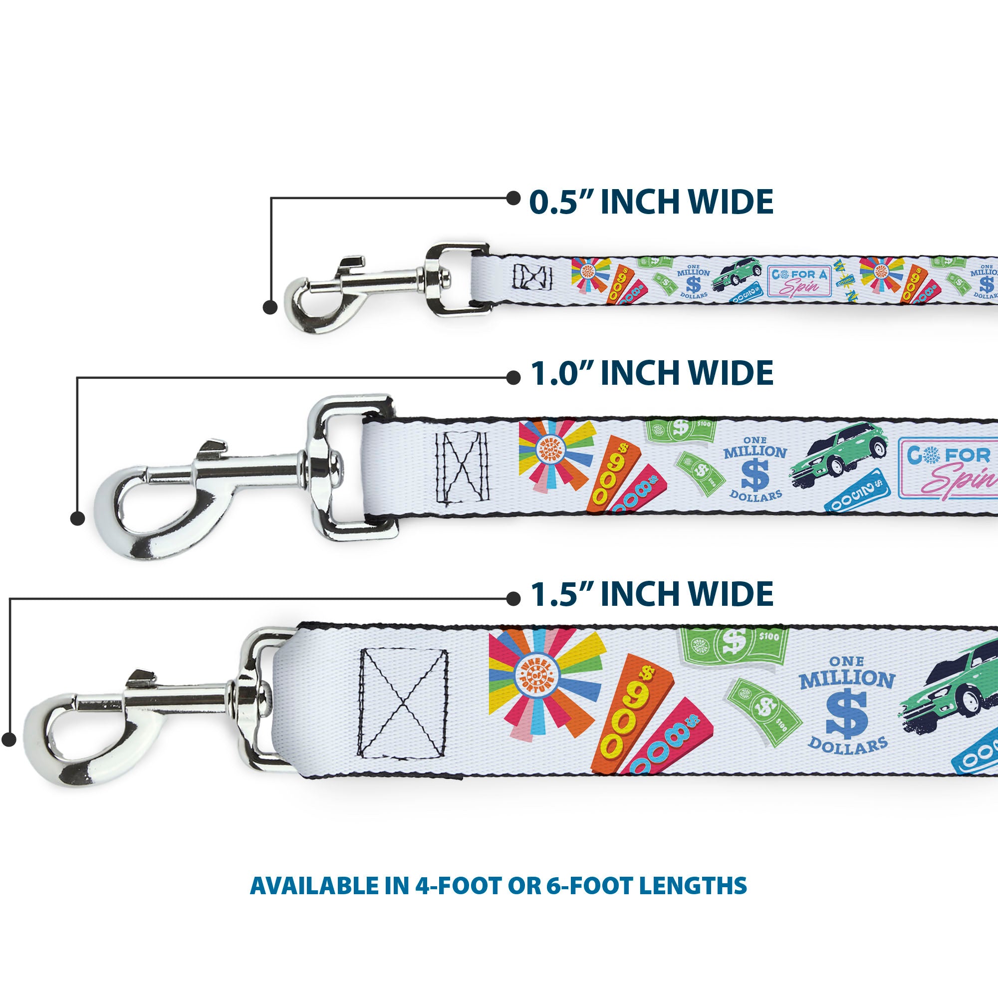 Dog Leash - Wheel of Fortune GO FOR A SPIN Prize Collage White/Multi Color Dog Leashes Wheel of Fortune