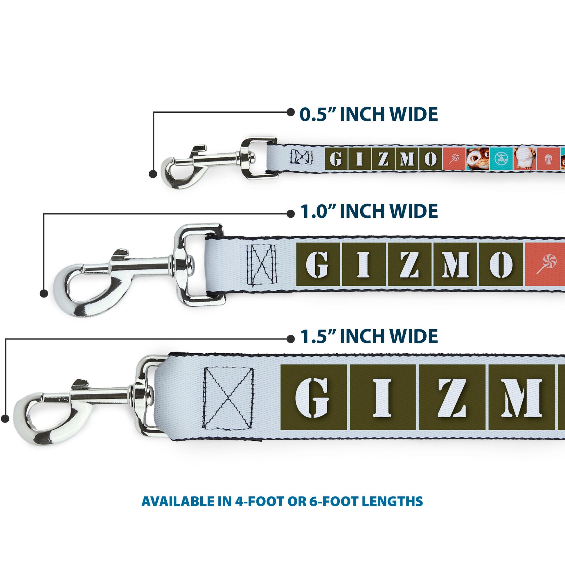 Dog Leash - Gremlins GIZMO Text and Pose Blocks White/Multi Color Dog Leashes Gremlins