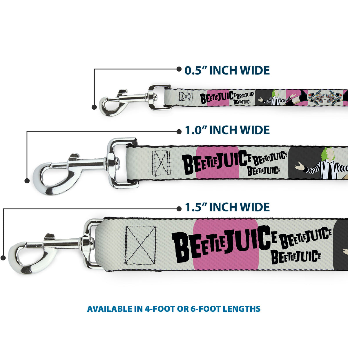 Dog Leash - BEETLEJUICE Pose and Sandworm Stripe White/Pink/Gray Dog Leashes Beetlejuice