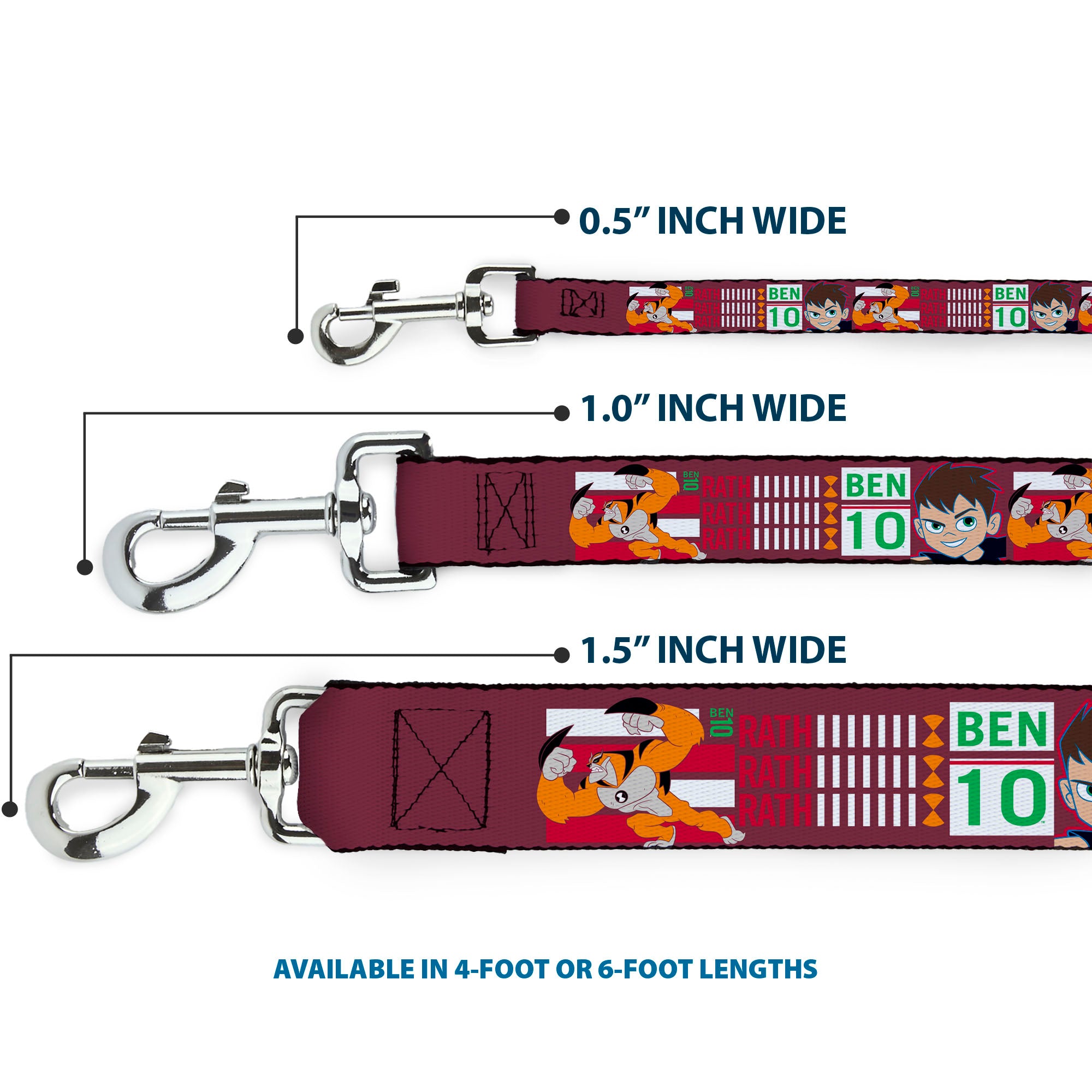 Dog Leash - BEN 10 and RATH Text and Poses Reds/White Dog Leashes Ben 10