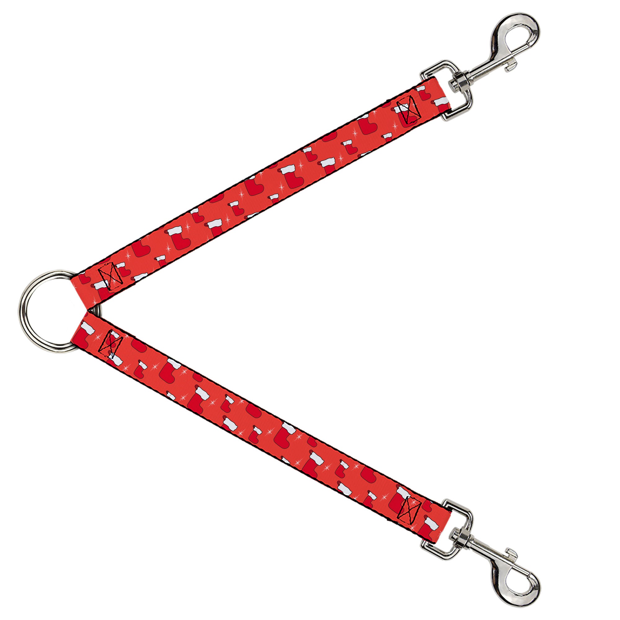 Dog Leash Splitter - Holiday Christmas Stocking and Star Red/White Dog Leash Splitters Buckle-Down