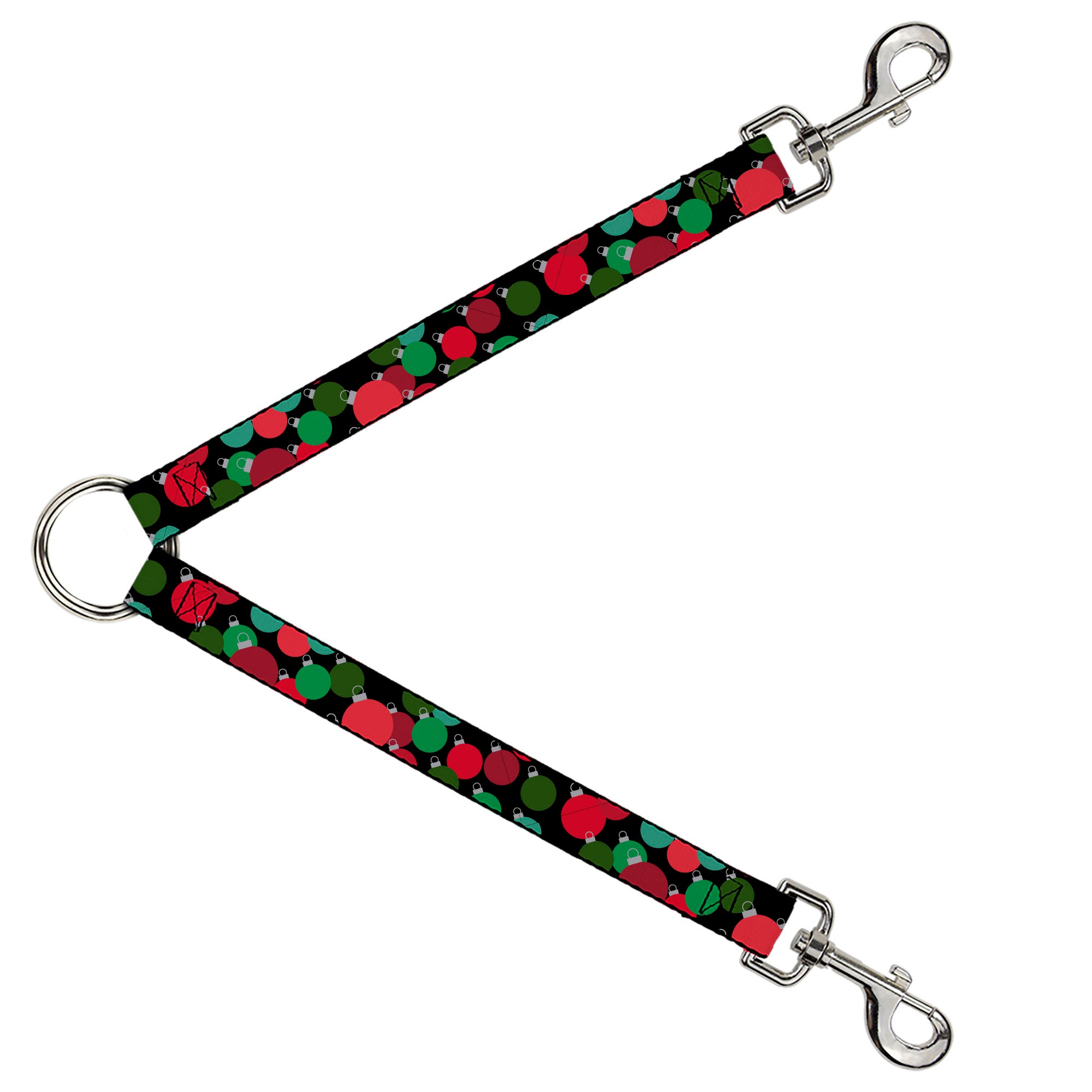 Dog Leash Splitter - Christmas Holiday Globe Ball Ornaments Stacked Black/Reds/Greens Dog Leash Splitters Buckle-Down