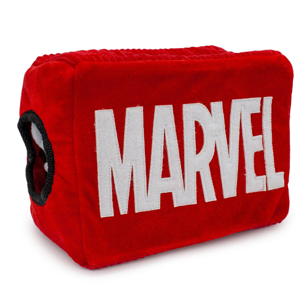 Dog Toy Hide and Seek Toy - MARVEL Red Brick Logo with Avengers Captain Marvel, Spider-Man and Thor Kawaii Faces Dog Toy Hide and Seek Marvel Comics