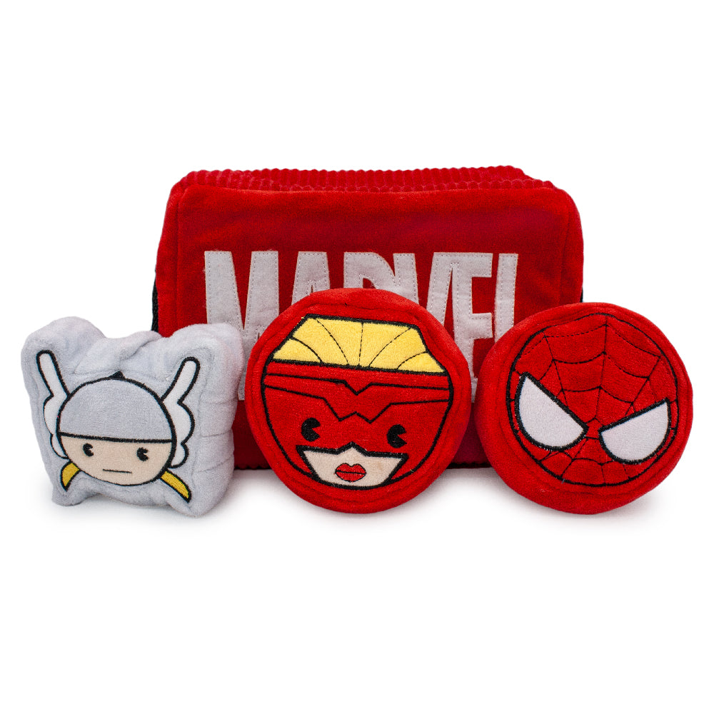 Dog Toy Hide and Seek Toy - MARVEL Red Brick Logo with Avengers Captain Marvel, Spider-Man and Thor Kawaii Faces Dog Toy Hide and Seek Marvel Comics