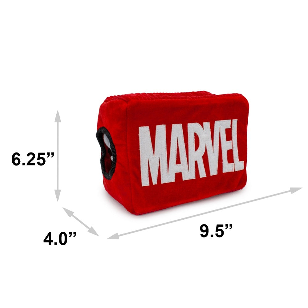 Dog Toy Hide and Seek Toy - MARVEL Red Brick Logo with Avengers Captain Marvel, Spider-Man and Thor Kawaii Faces Dog Toy Hide and Seek Marvel Comics