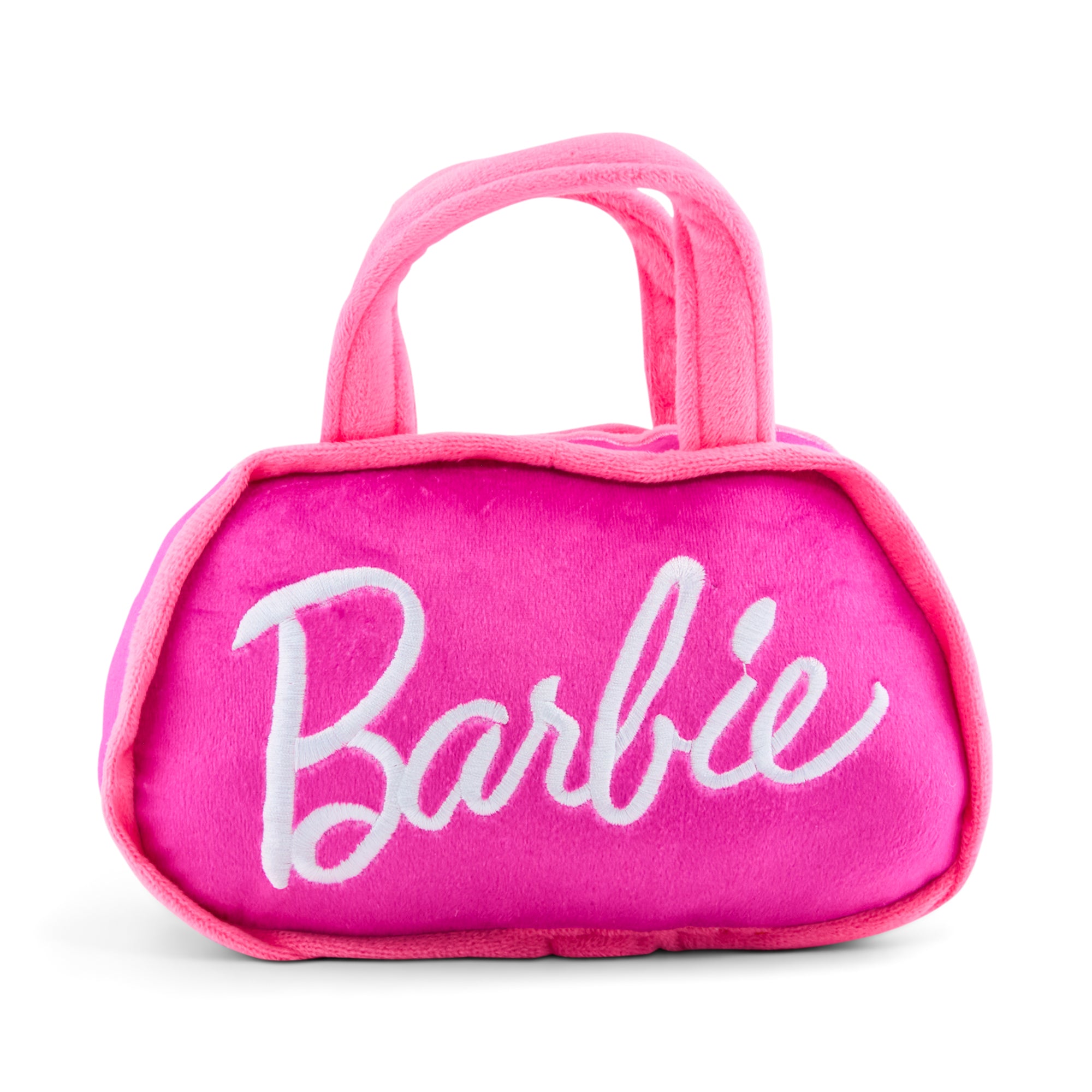 Dog Toy Squeaker Plush - Barbie Silhouette and Autograph Script Handbag Replica Pink/White Dog Toy Squeaky Plush Barbie