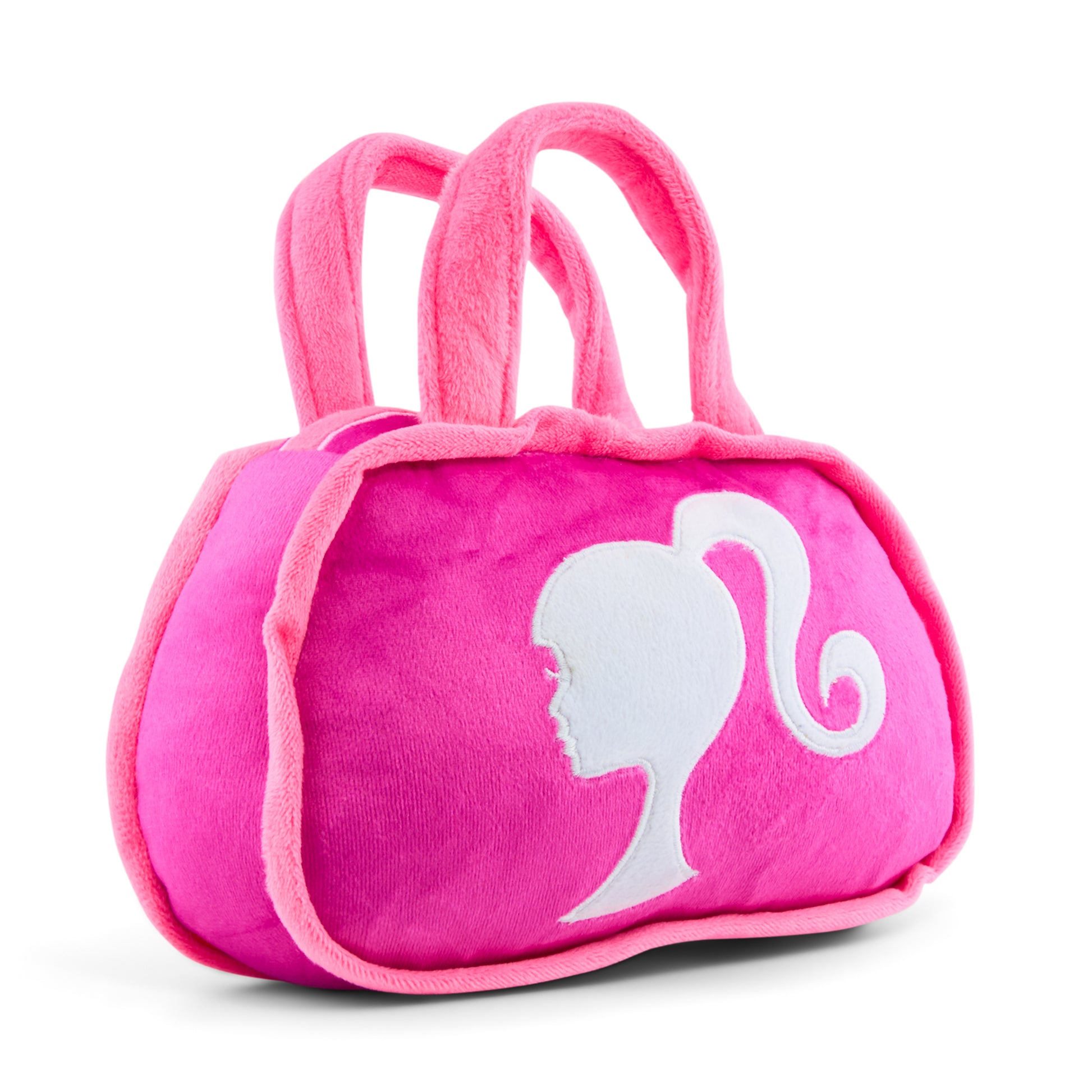 Dog Toy Squeaker Plush - Barbie Silhouette and Autograph Script Handbag Replica Pink/White Dog Toy Squeaky Plush Barbie