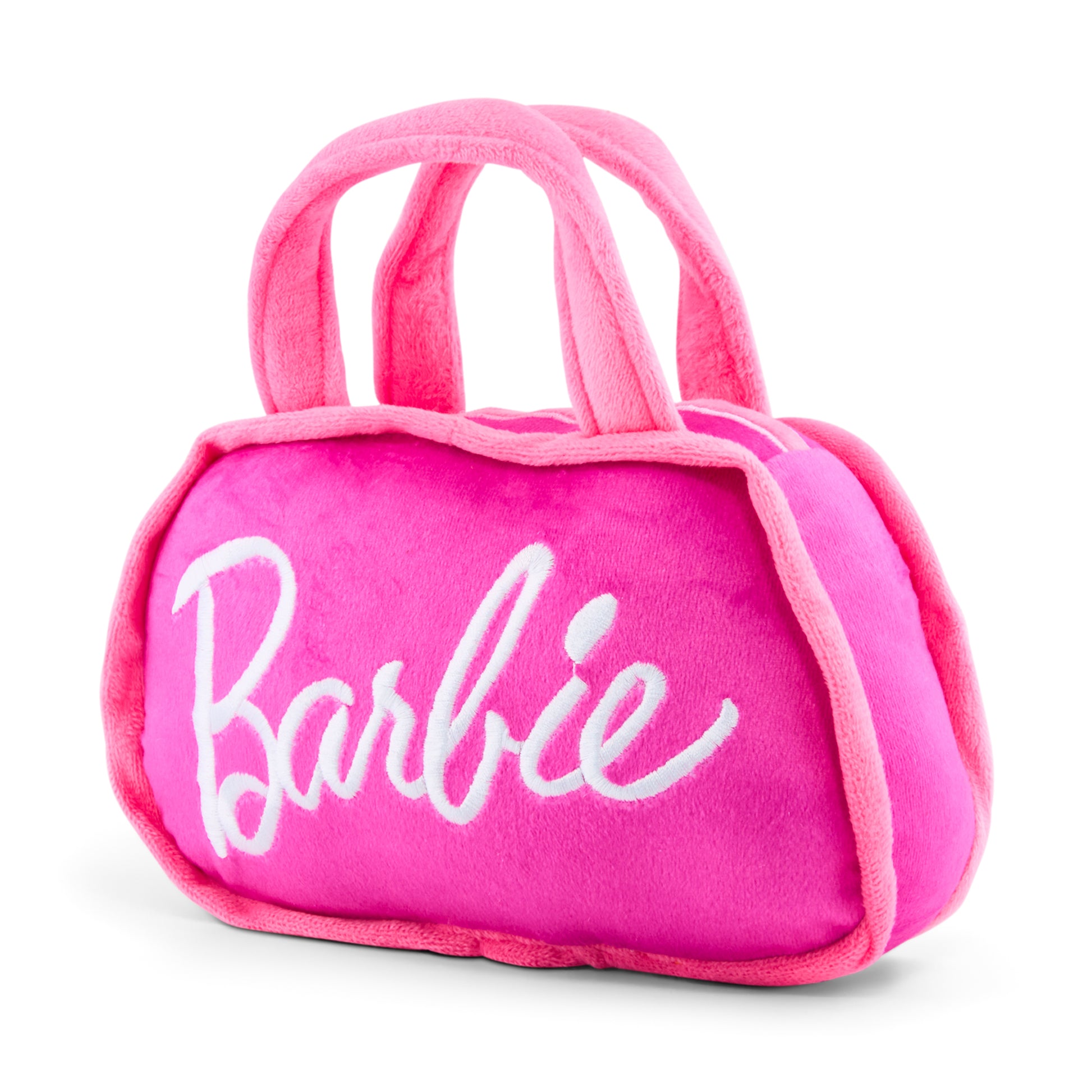 Dog Toy Squeaker Plush - Barbie Silhouette and Autograph Script Handbag Replica Pink/White Dog Toy Squeaky Plush Barbie