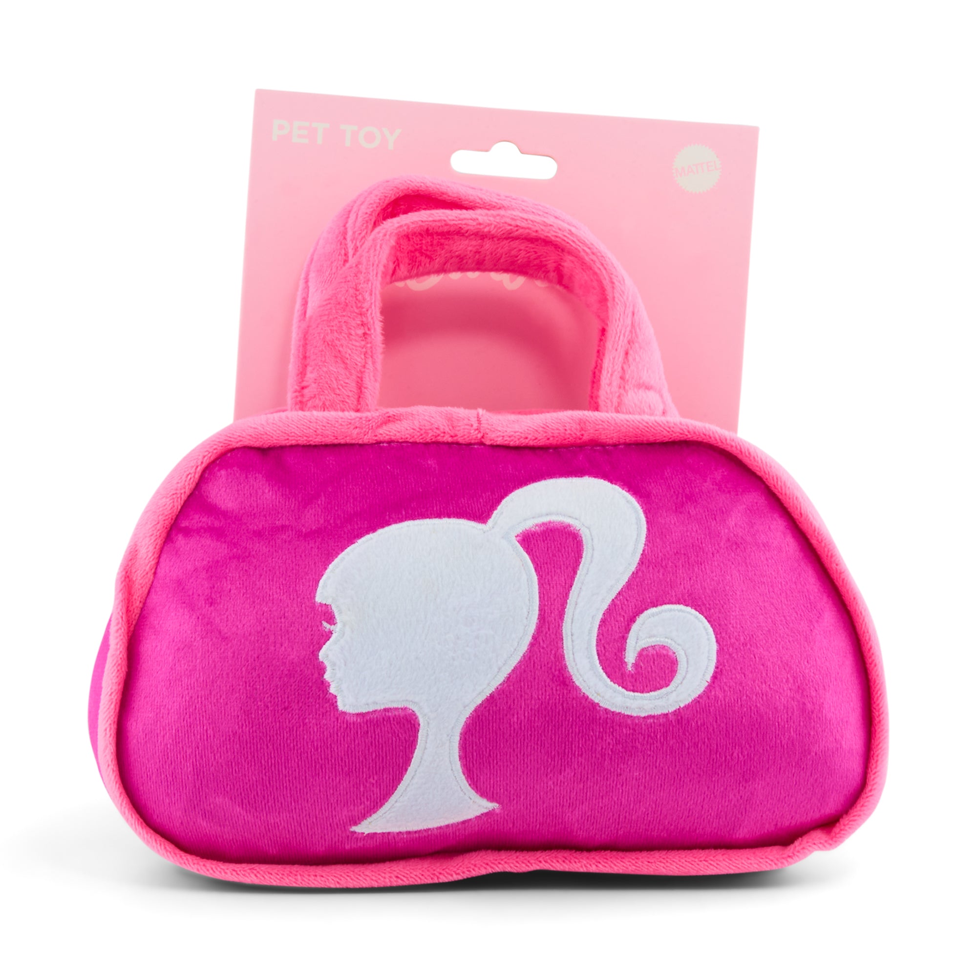 Dog Toy Squeaker Plush - Barbie Silhouette and Autograph Script Handbag Replica Pink/White Dog Toy Squeaky Plush Barbie