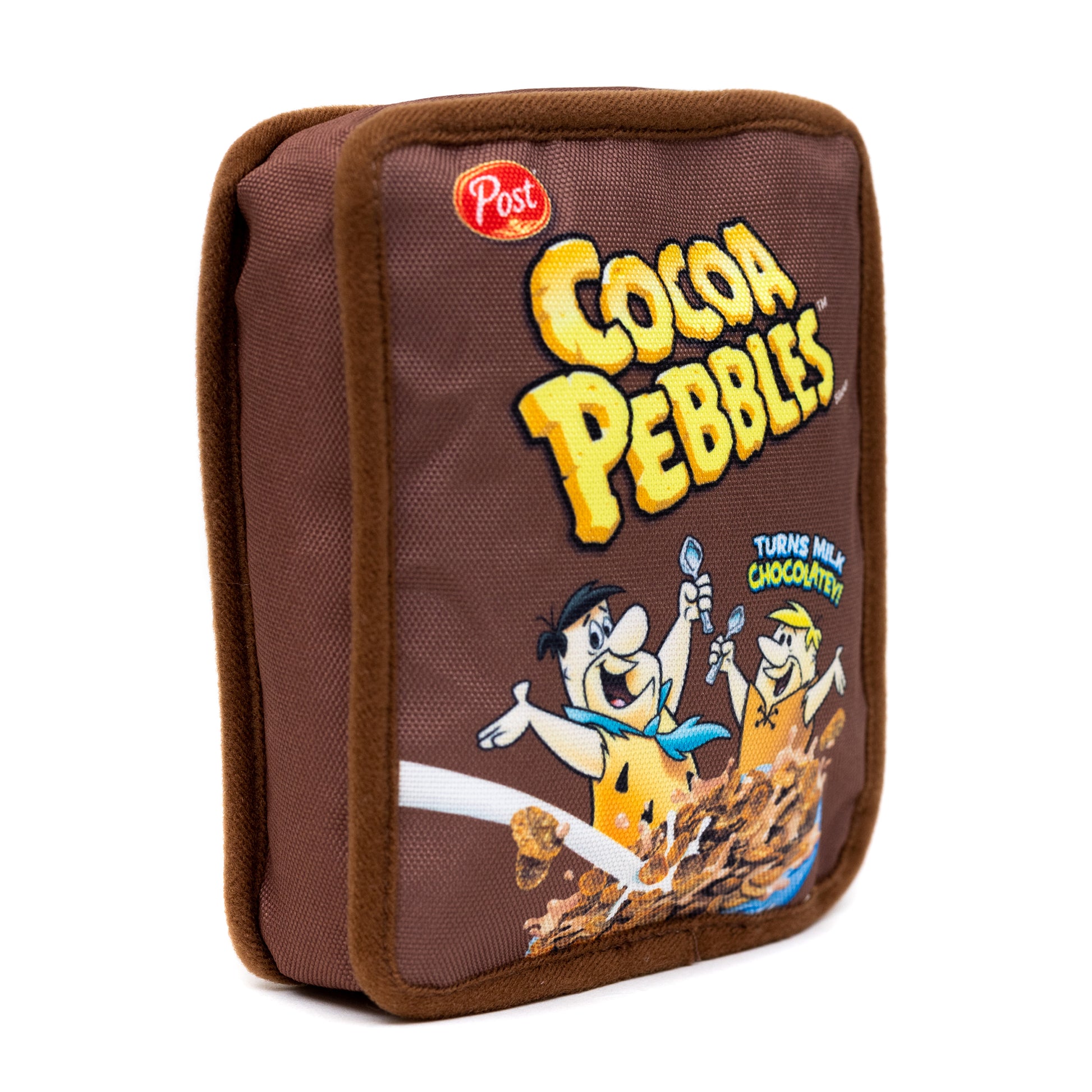 Dog Toy Squeaker Plush - Cocoa Pebbles Fred Flintstone and Barney Rubble Cereal Box Replica Dog Toy Squeaky Plush Hanna Barbera and Post Pebbles Cereal