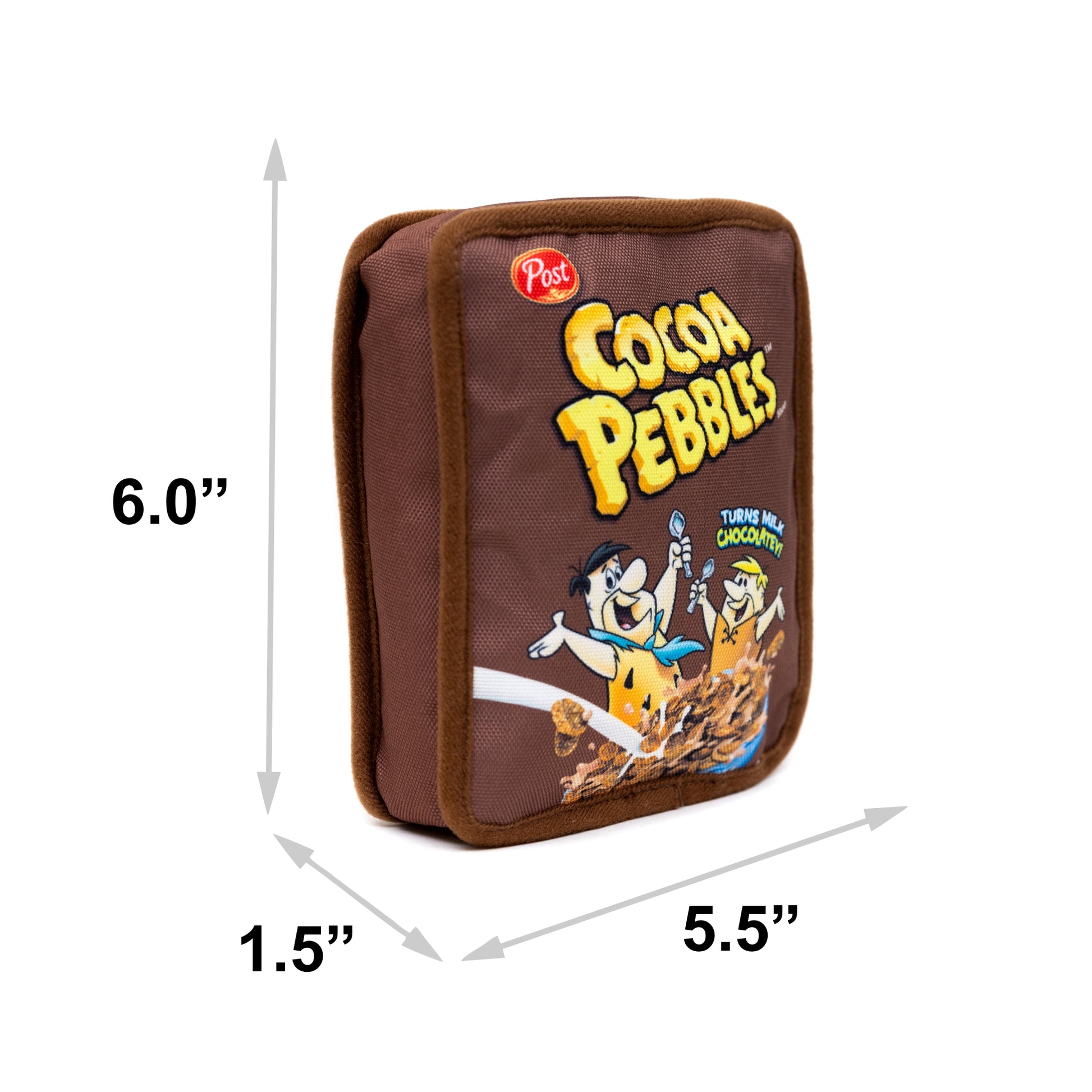 Dog Toy Squeaker Plush - Cocoa Pebbles Fred Flintstone and Barney Rubble Cereal Box Replica Dog Toy Squeaky Plush Hanna Barbera and Post Pebbles Cereal