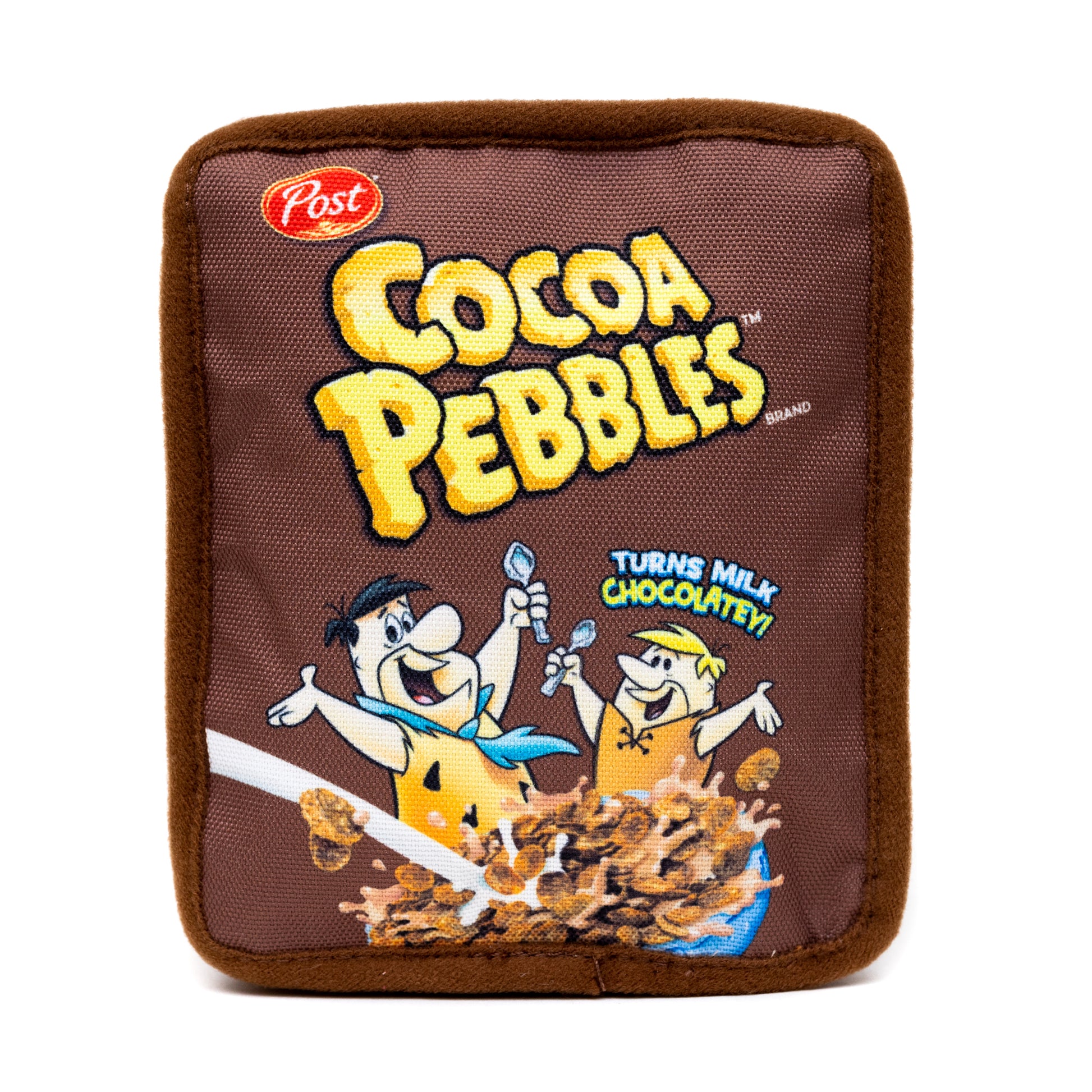 Dog Toy Squeaker Plush - Cocoa Pebbles Fred Flintstone and Barney Rubble Cereal Box Replica Dog Toy Squeaky Plush Hanna Barbera and Post Pebbles Cereal