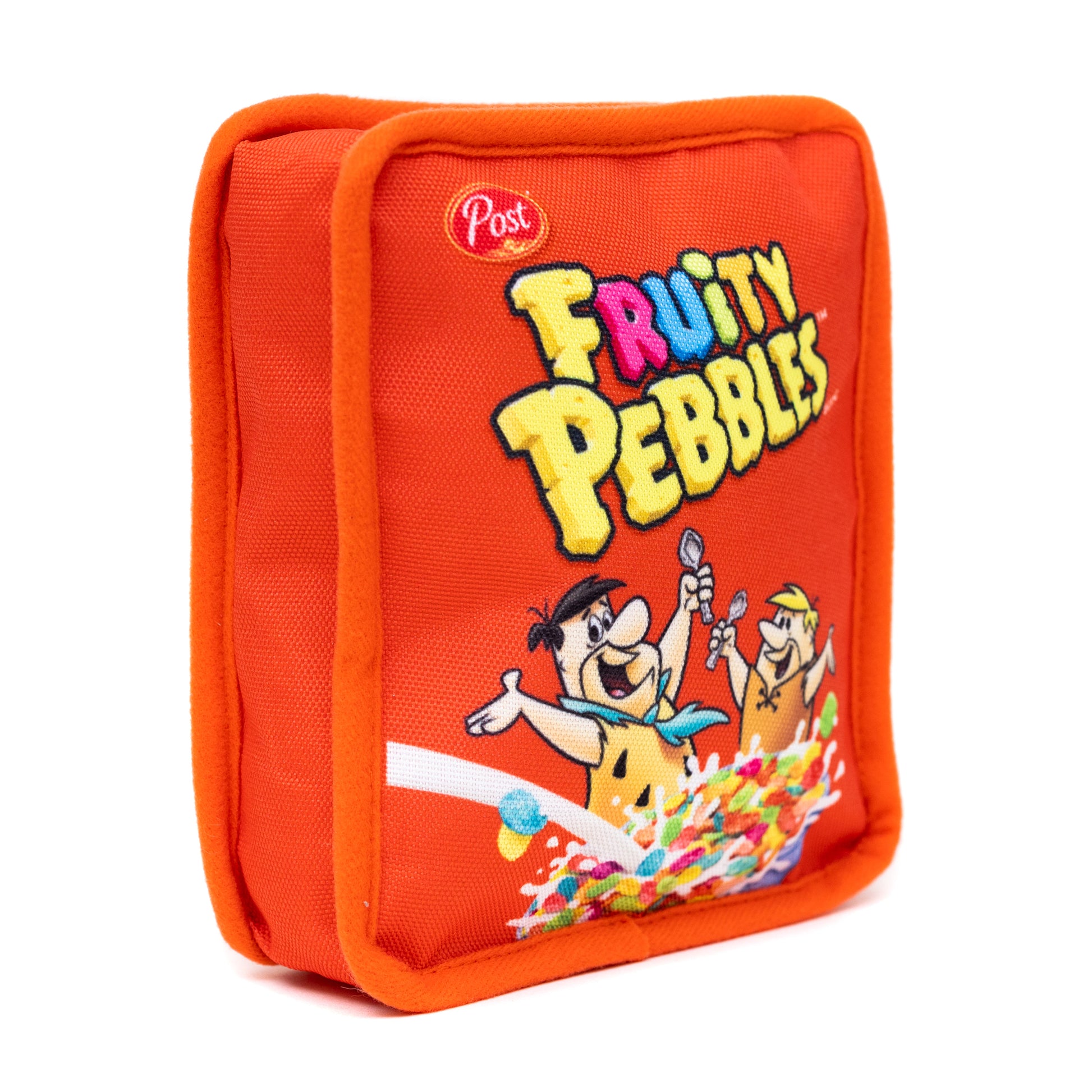 Dog Toy Squeaker Plush - Fruity Pebbles Fred Flintstone and Barney Rubble Cereal Box Replica Red Dog Toy Squeaky Plush Hanna Barbera and Post Pebbles Cereal