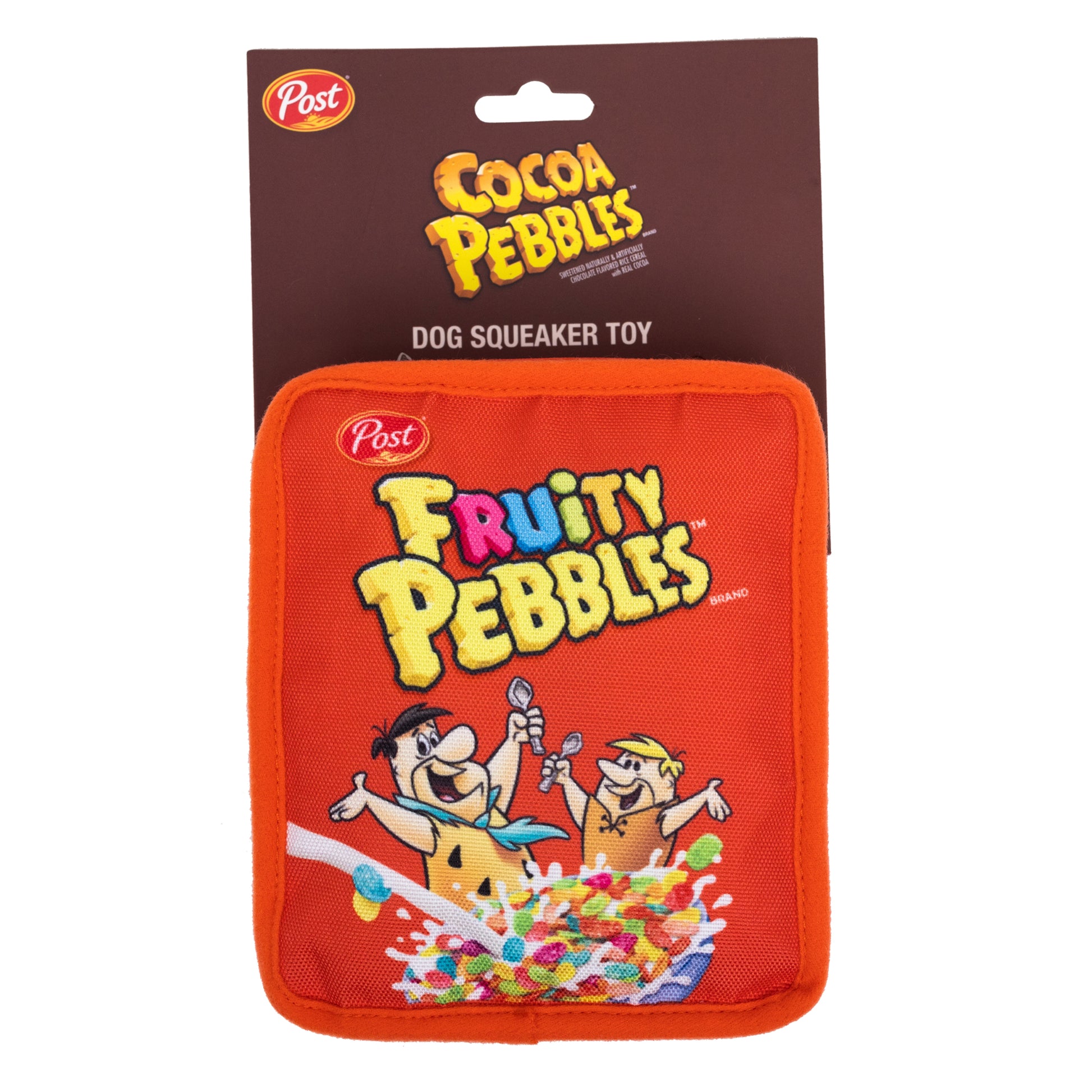 Dog Toy Squeaker Plush - Fruity Pebbles Fred Flintstone and Barney Rubble Cereal Box Replica Red Dog Toy Squeaky Plush Hanna Barbera and Post Pebbles Cereal