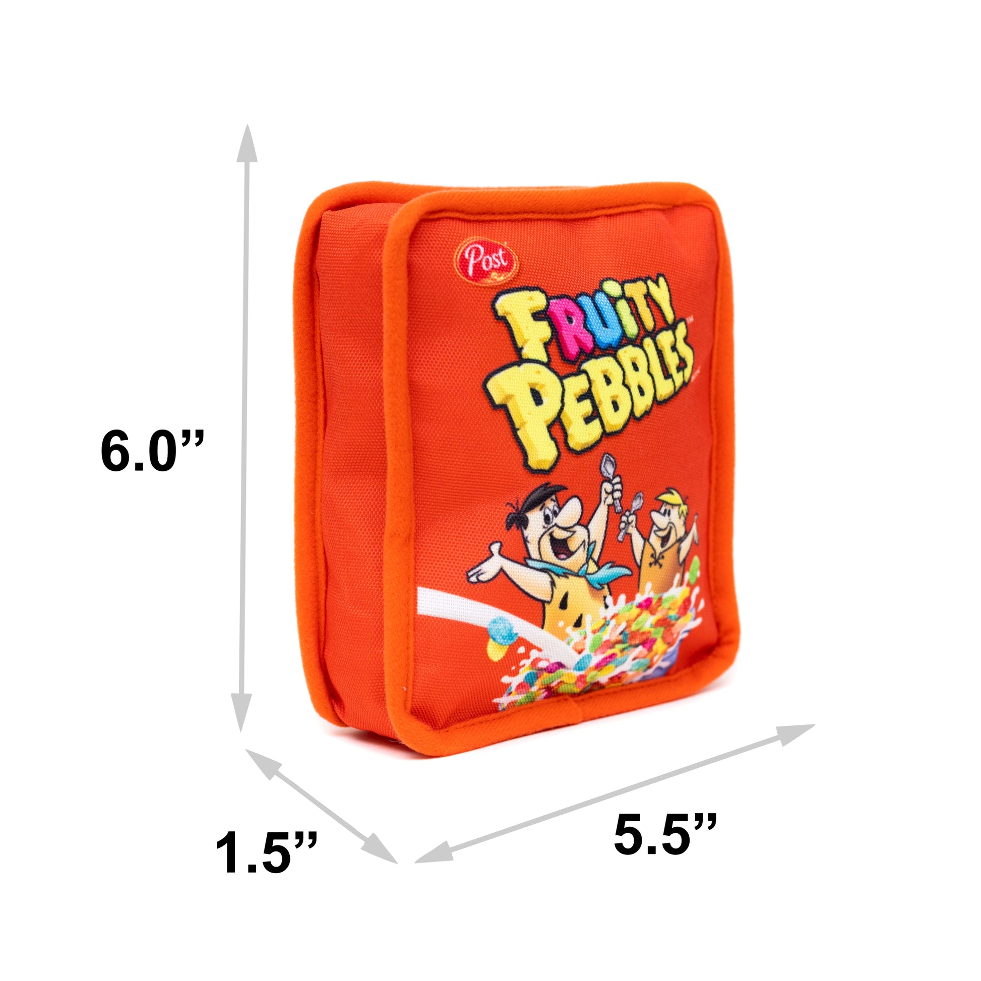 Dog Toy Squeaker Plush - Fruity Pebbles Fred Flintstone and Barney Rubble Cereal Box Replica Red Dog Toy Squeaky Plush Hanna Barbera and Post Pebbles Cereal