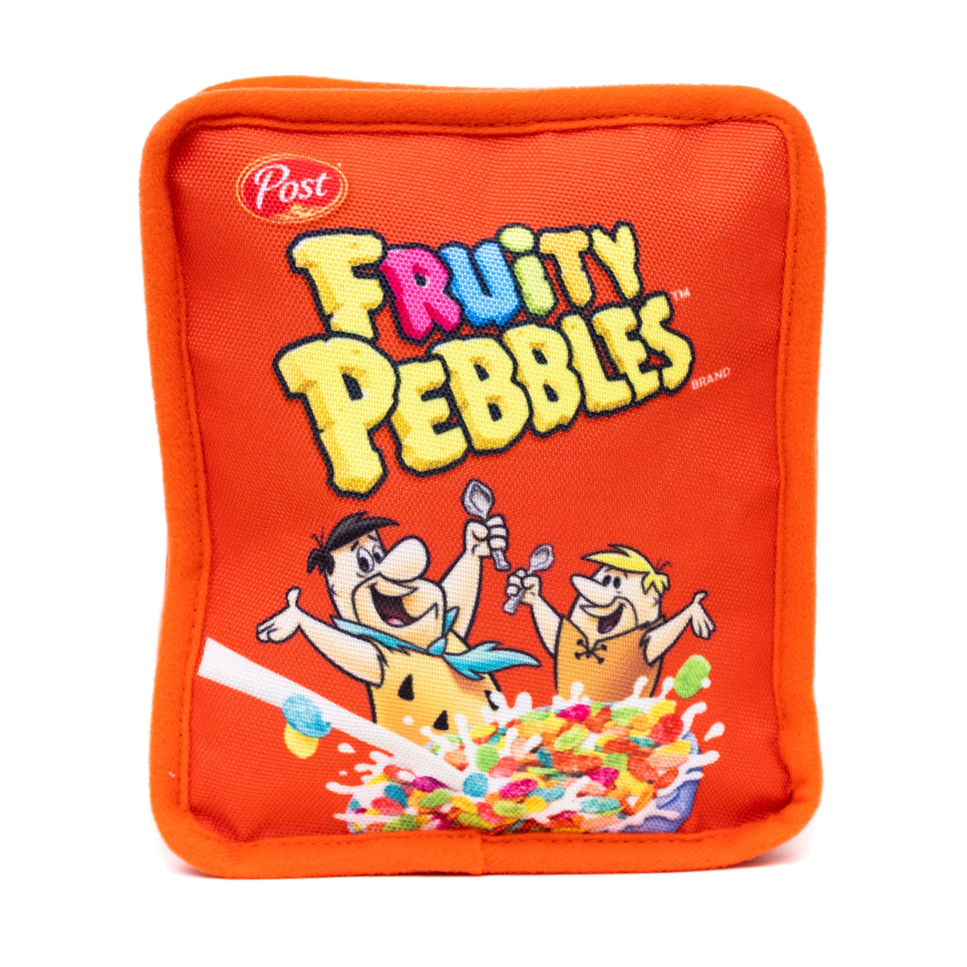 Dog Toy Squeaker Plush - Fruity Pebbles Fred Flintstone and Barney Rubble Cereal Box Replica Red Dog Toy Squeaky Plush Hanna Barbera and Post Pebbles Cereal