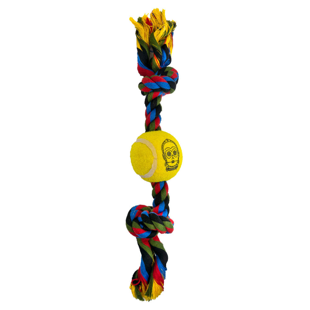 Dog Toy Tennis Ball Rope Toy - Star Wars C3-PO Face Yellow + Multi Color Rope Dog Toy Rope Toy Star Wars
