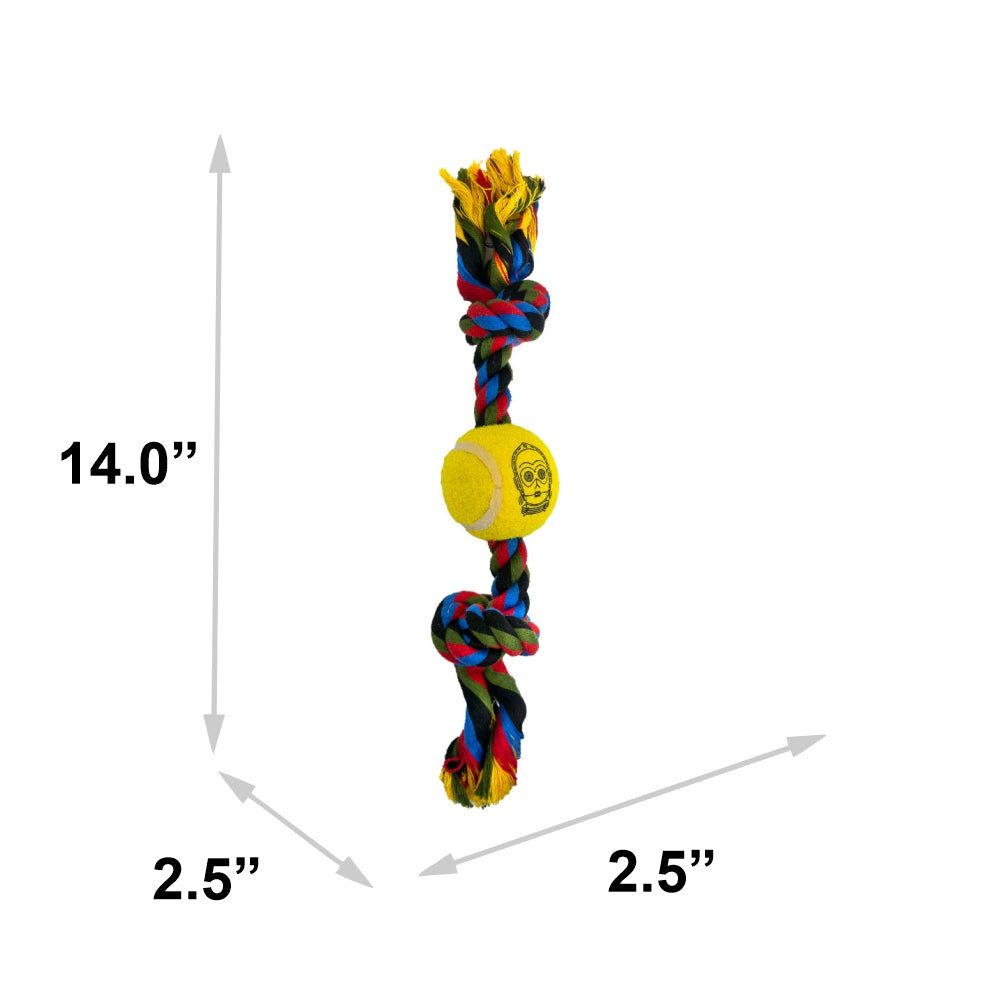 Dog Toy Tennis Ball Rope Toy - Star Wars C3-PO Face Yellow + Multi Color Rope Dog Toy Rope Toy Star Wars