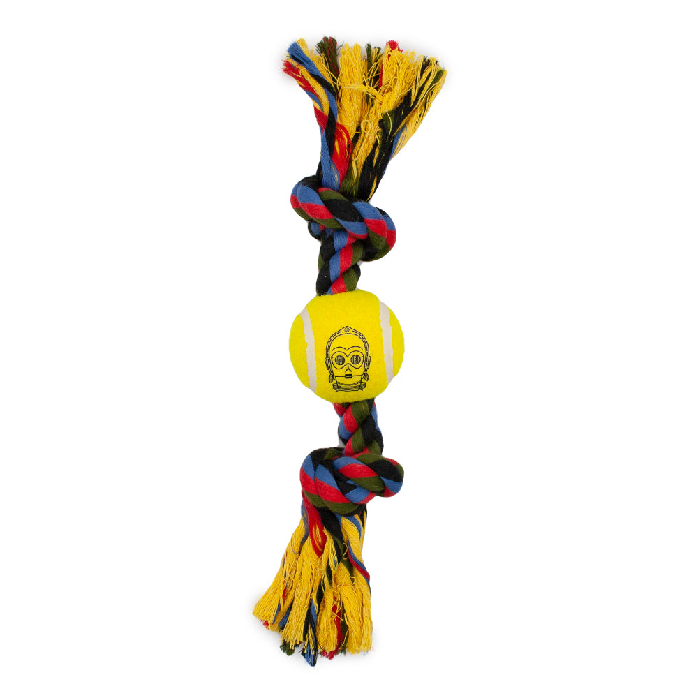 Dog Toy Tennis Ball Rope Toy - Star Wars C3-PO Face Yellow + Multi Color Rope Dog Toy Rope Toy Star Wars