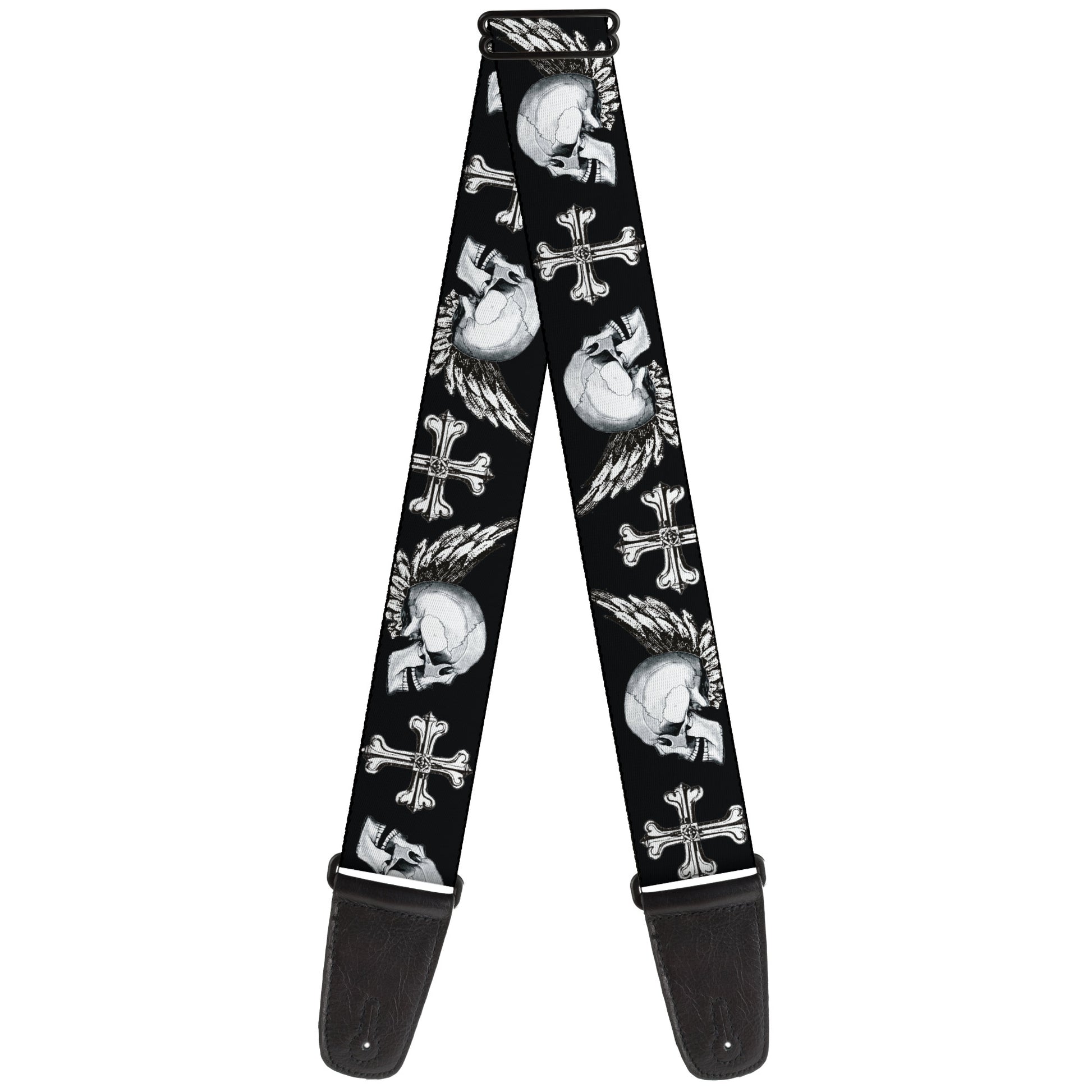Guitar Strap - BD Skulls w Wings Black White Guitar Straps Buckle-Down