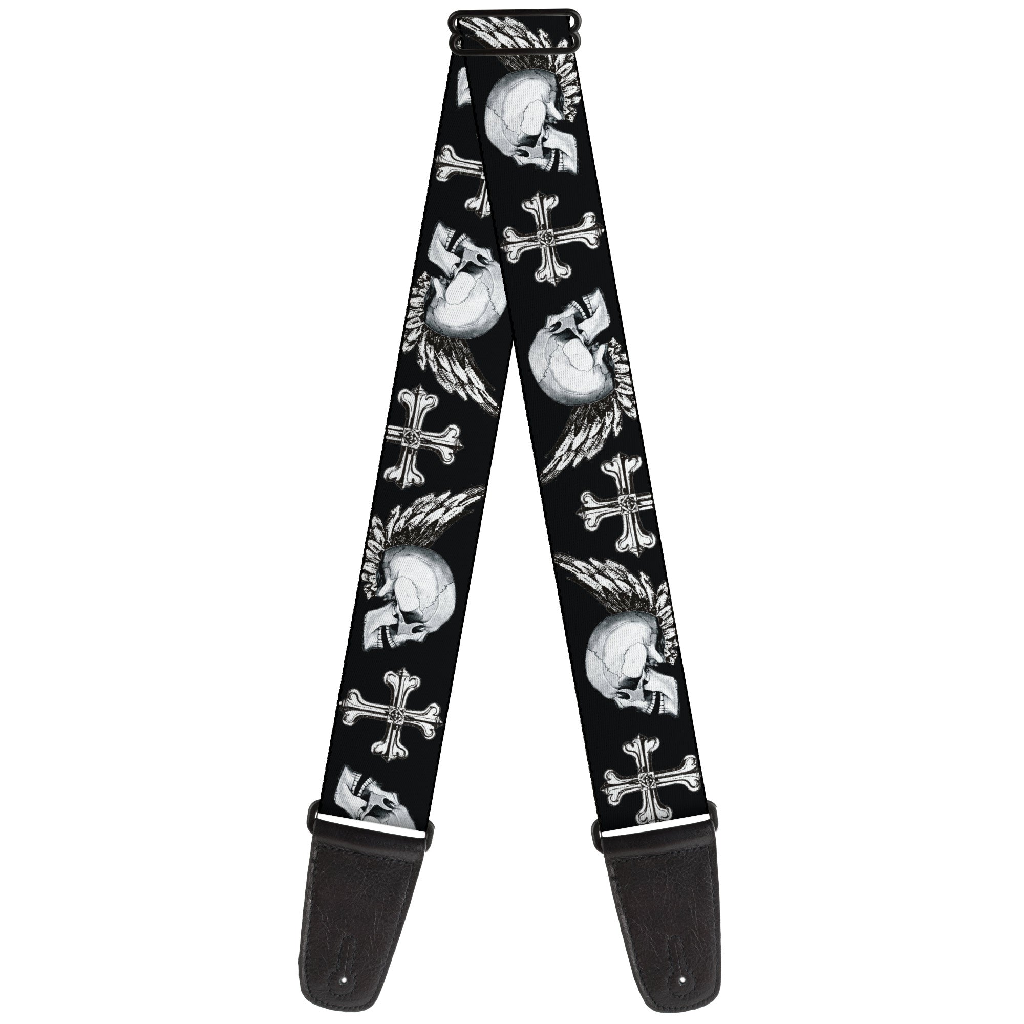 Guitar Strap - BD Skulls w Wings Black White Guitar Straps Buckle-Down