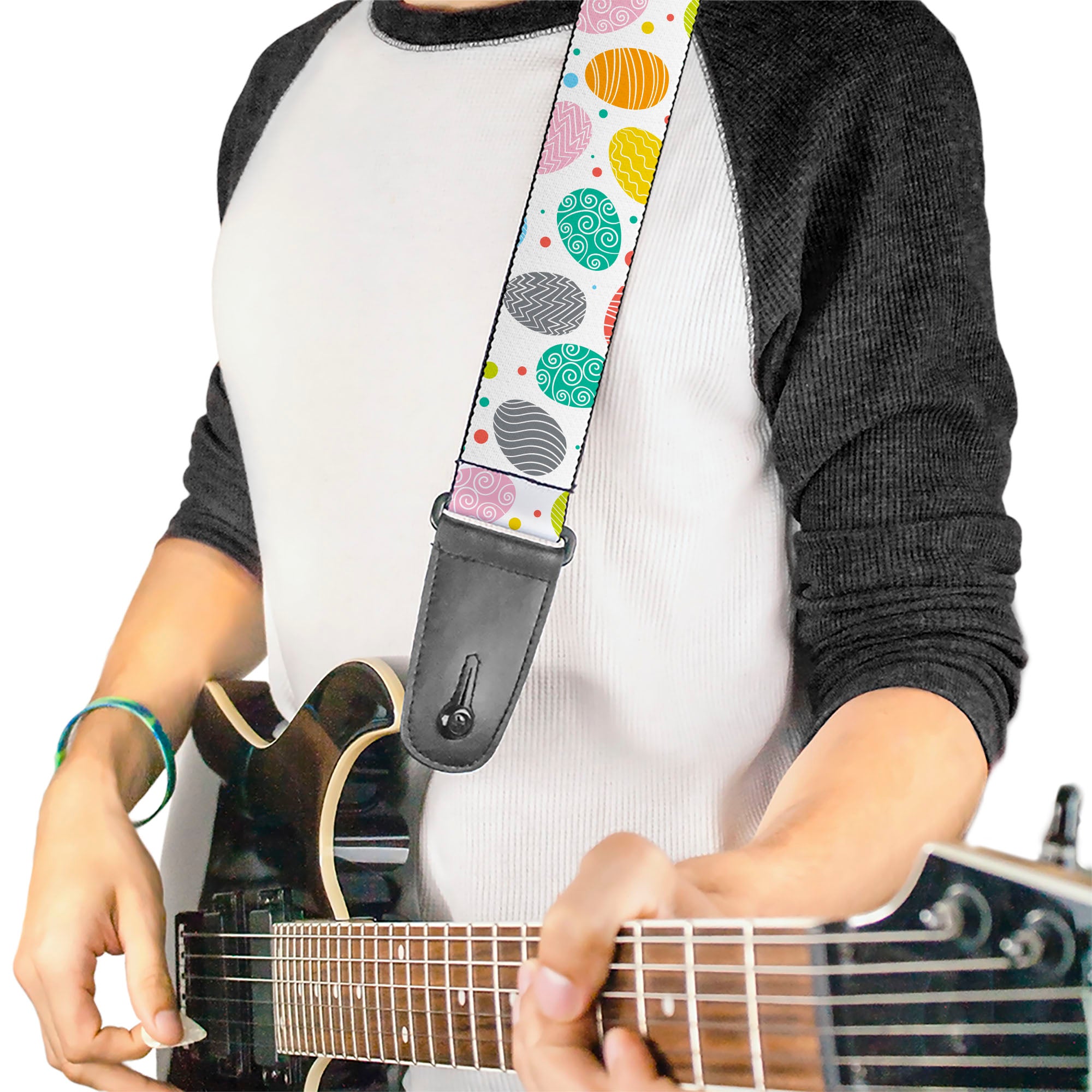 Guitar Strap - Easter Eggs Decorated Eggs Scattered White/Multi Color Guitar Straps Buckle-Down