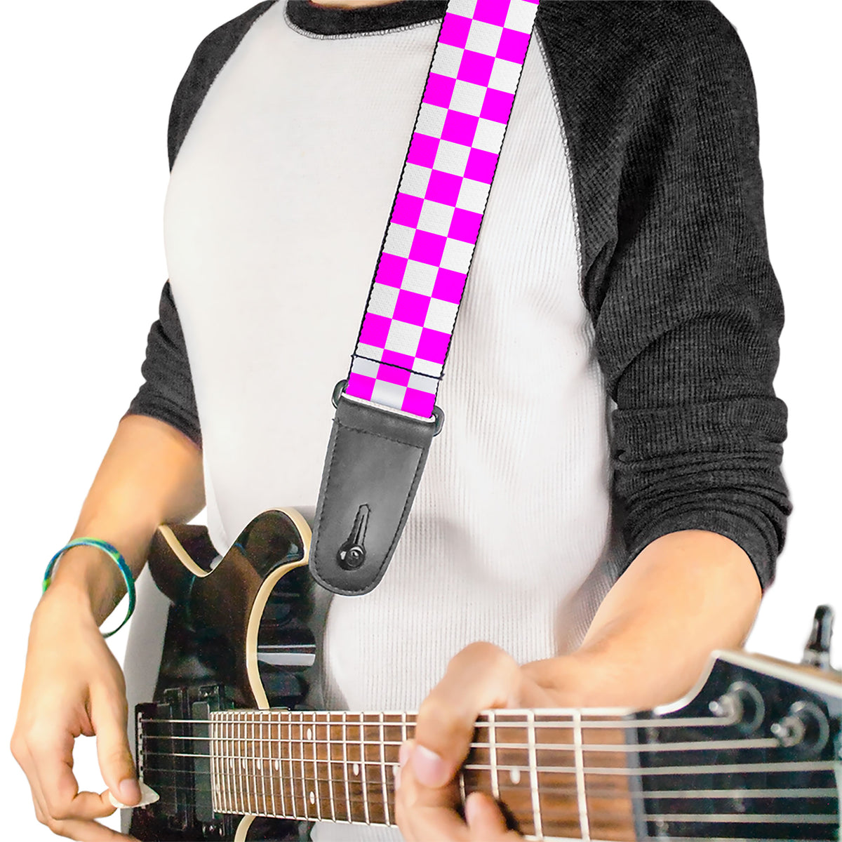 Guitar Strap - Checker Fuchsia Pink/White Guitar Straps Buckle-Down