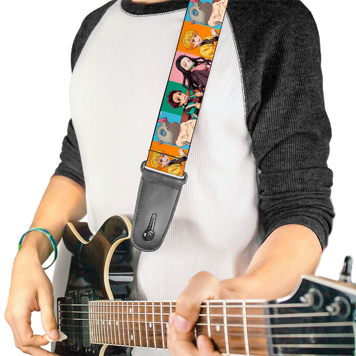 Guitar Strap - Demon Slayer Four Character Group Pose Blocks Multi Color Guitar Straps Demon Slayer