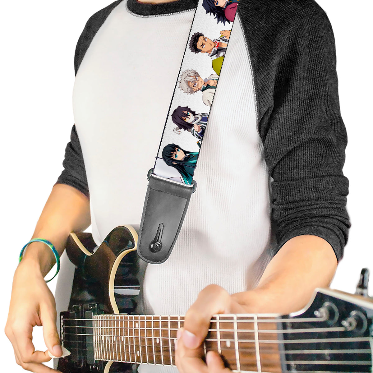 Guitar Strap - Demon Slayer Nine Character Poses White Guitar Straps Demon Slayer