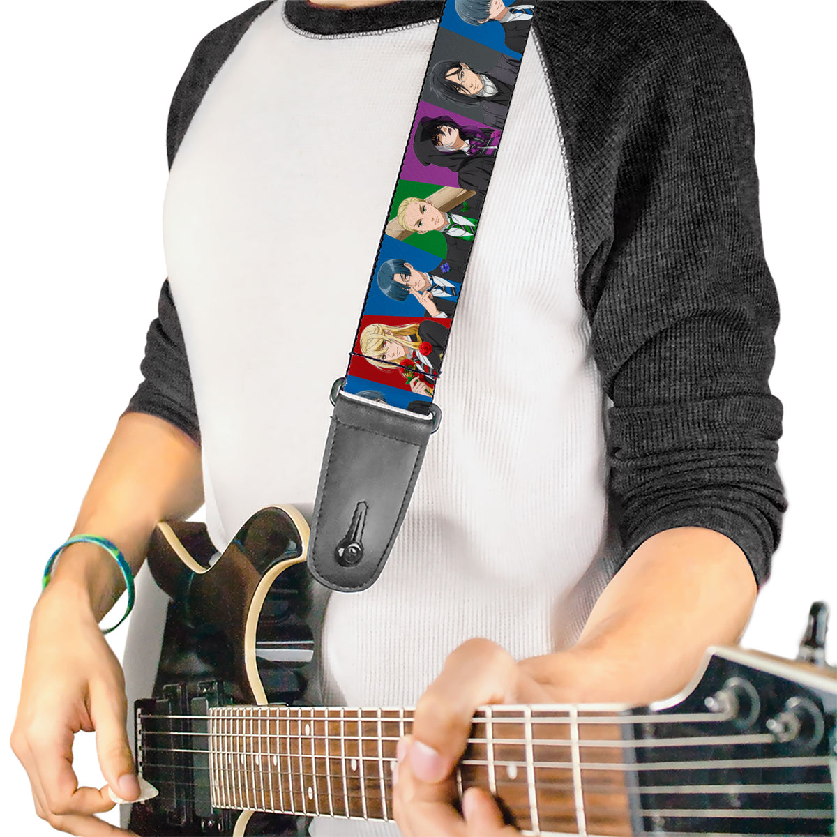 Guitar Strap - Black Butler Six Character Pose Blocks Multi Color Guitar Straps Black Butler