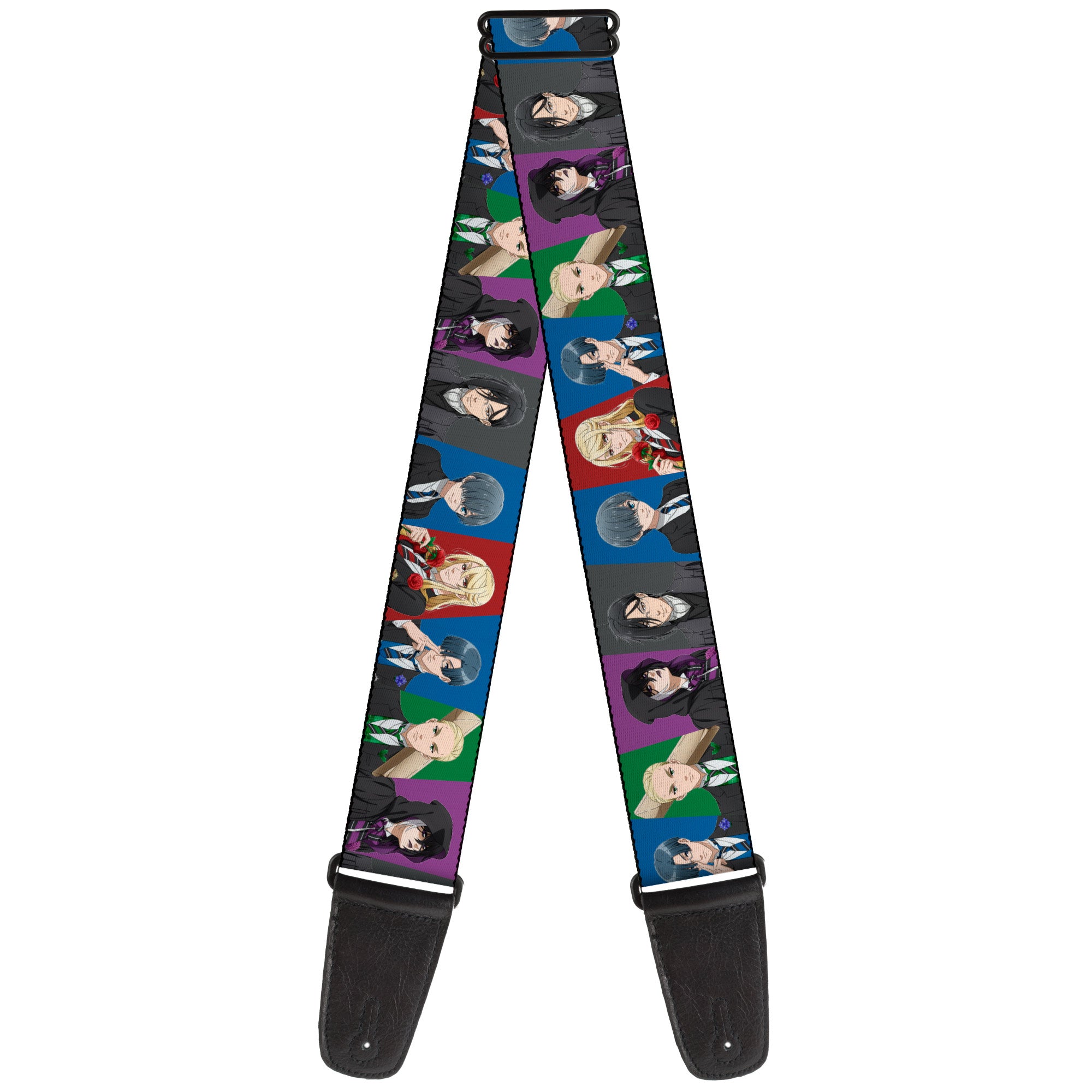 Guitar Strap - Black Butler Six Character Pose Blocks Multi Color Guitar Straps Black Butler