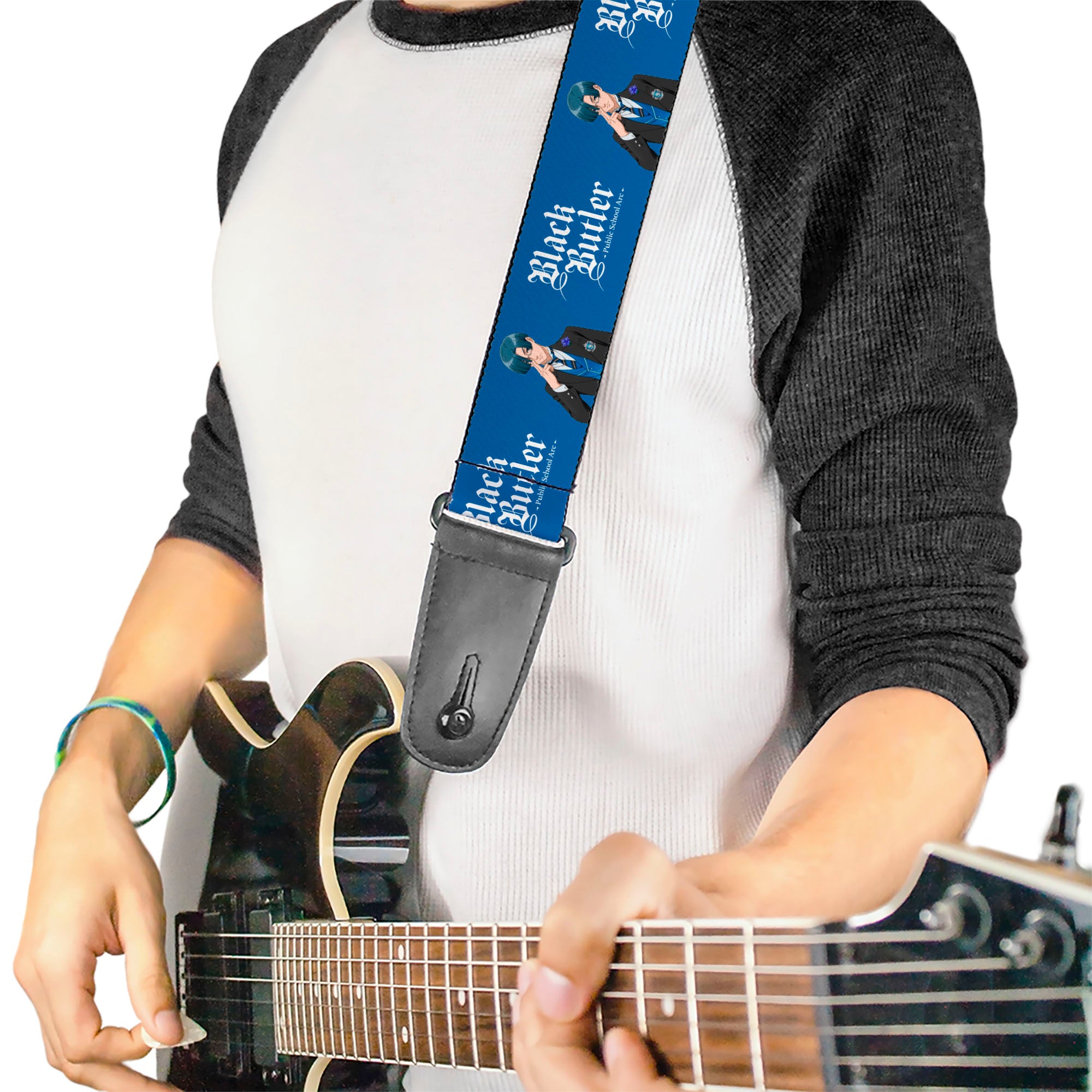 Guitar Strap - BLACK BUTLER Lawrence Bluewer Pose and Title Logo Blue Guitar Straps Black Butler