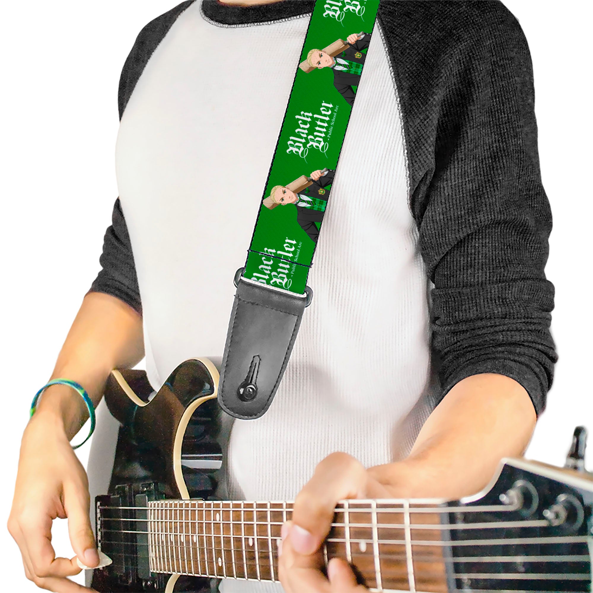 Guitar Strap - BLACK BUTLER Herman Greenhill Pose and Title Logo Green Guitar Straps Black Butler