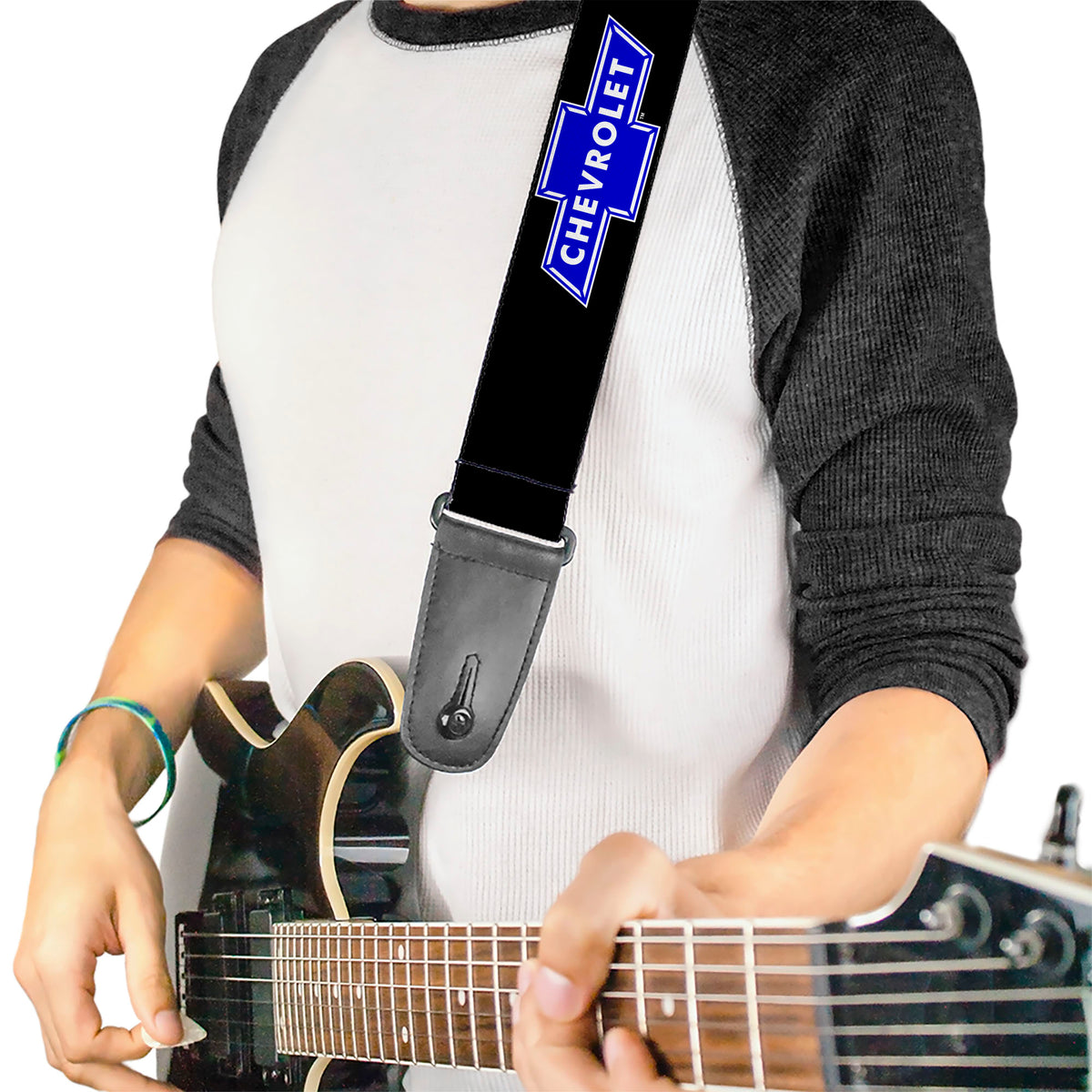 Guitar Strap - Chevy Bowtie Logo Repeat Black Blue Guitar Straps GM General Motors