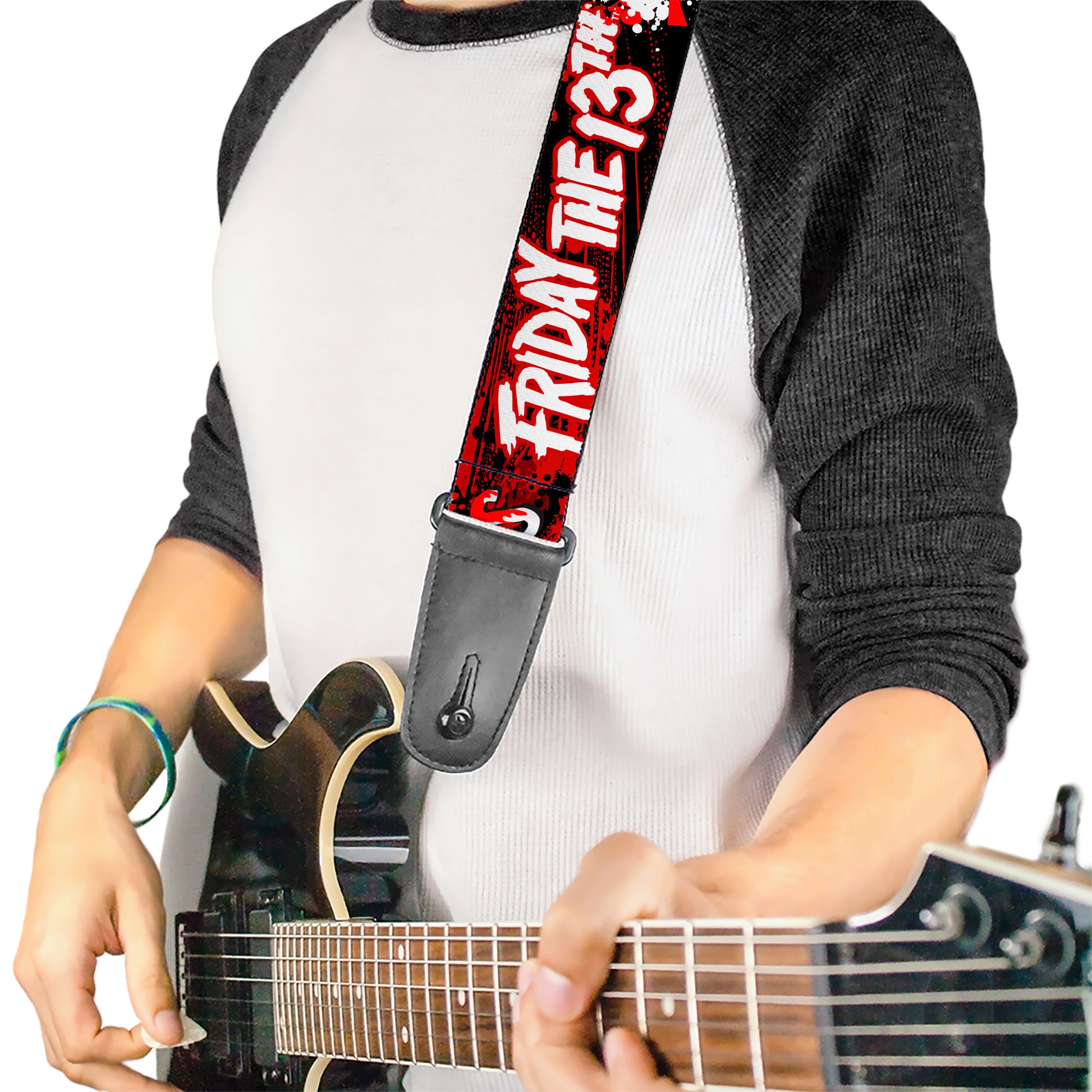 Guitar Strap - FRIDAY THE 13TH JASON VOORHIES Mask Text Black/Red/White Guitar Straps Friday the 13th