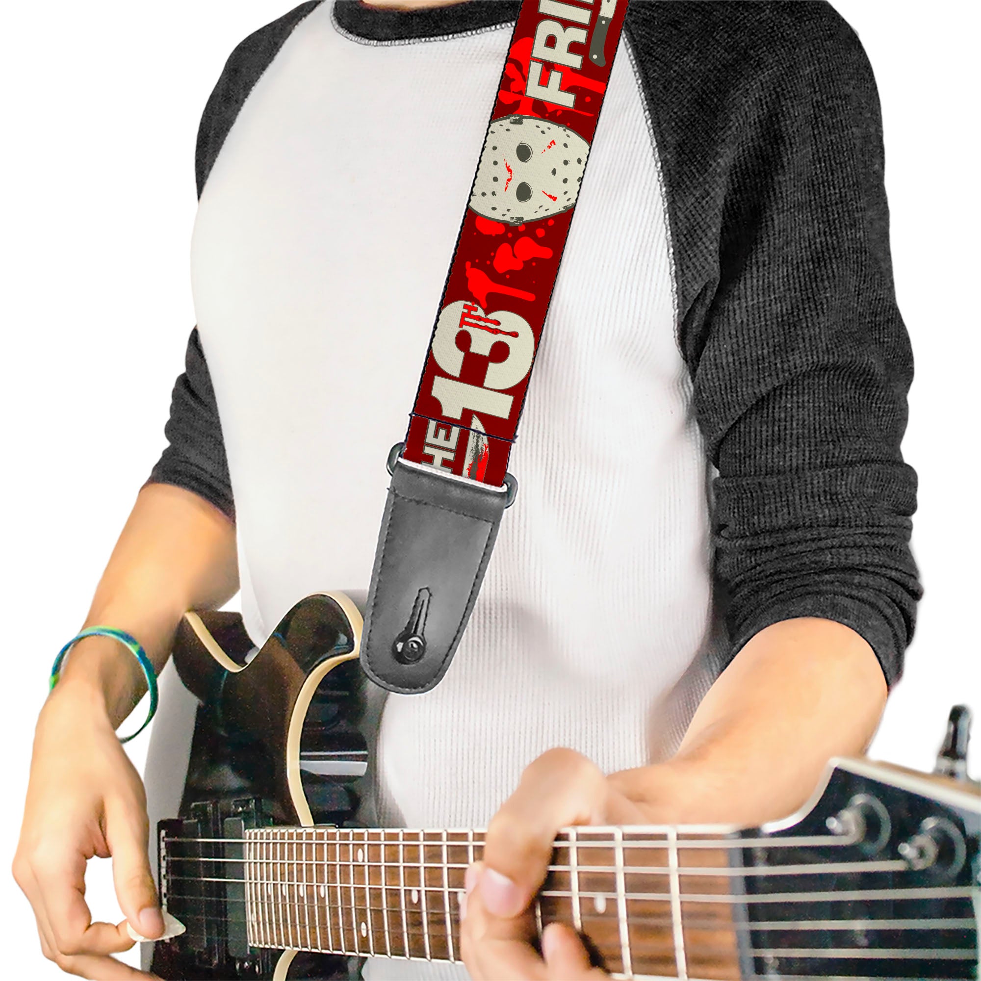 Guitar Strap - FRIDAY THE 13TH Mask and Machete Icons Red/Pink/White Guitar Straps Friday the 13th