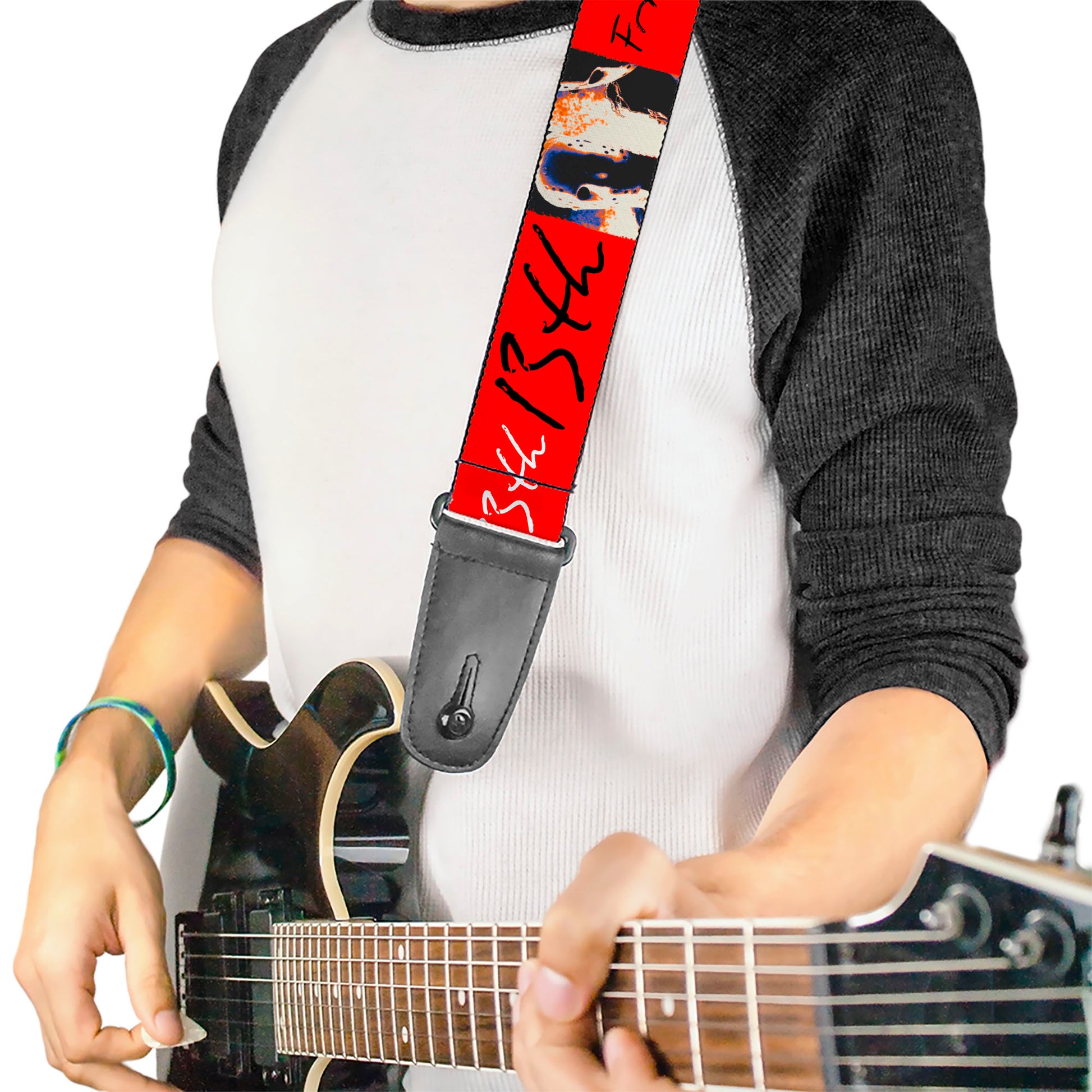 Guitar Strap - FRIDAY THE 13TH Jason Mask and Script Blocks Red/Black/White Guitar Straps Friday the 13th