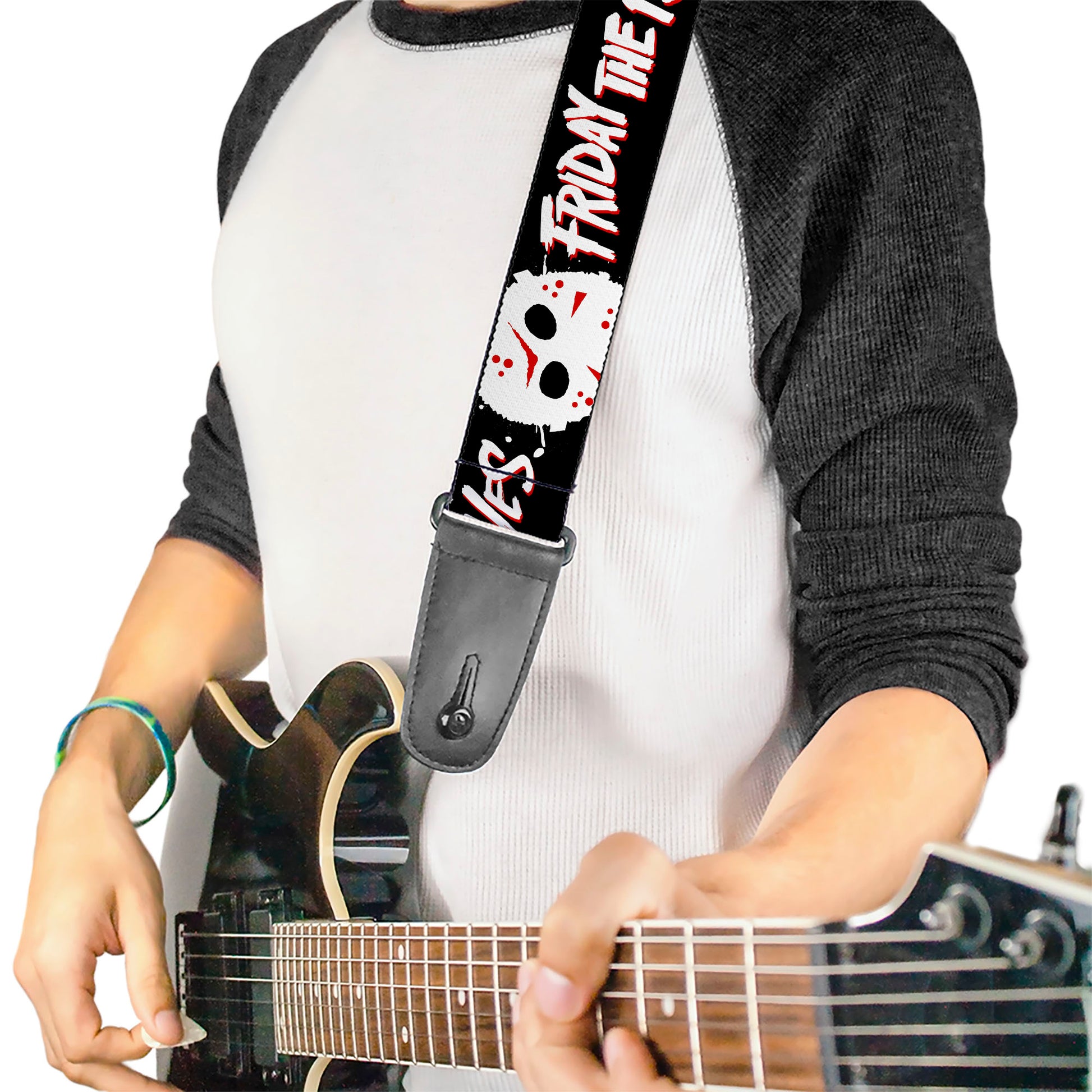 Guitar Strap - FRIDAY THE 13TH JASON LIVES with Hand Print and Mask Black/Red/White Guitar Straps Friday the 13th