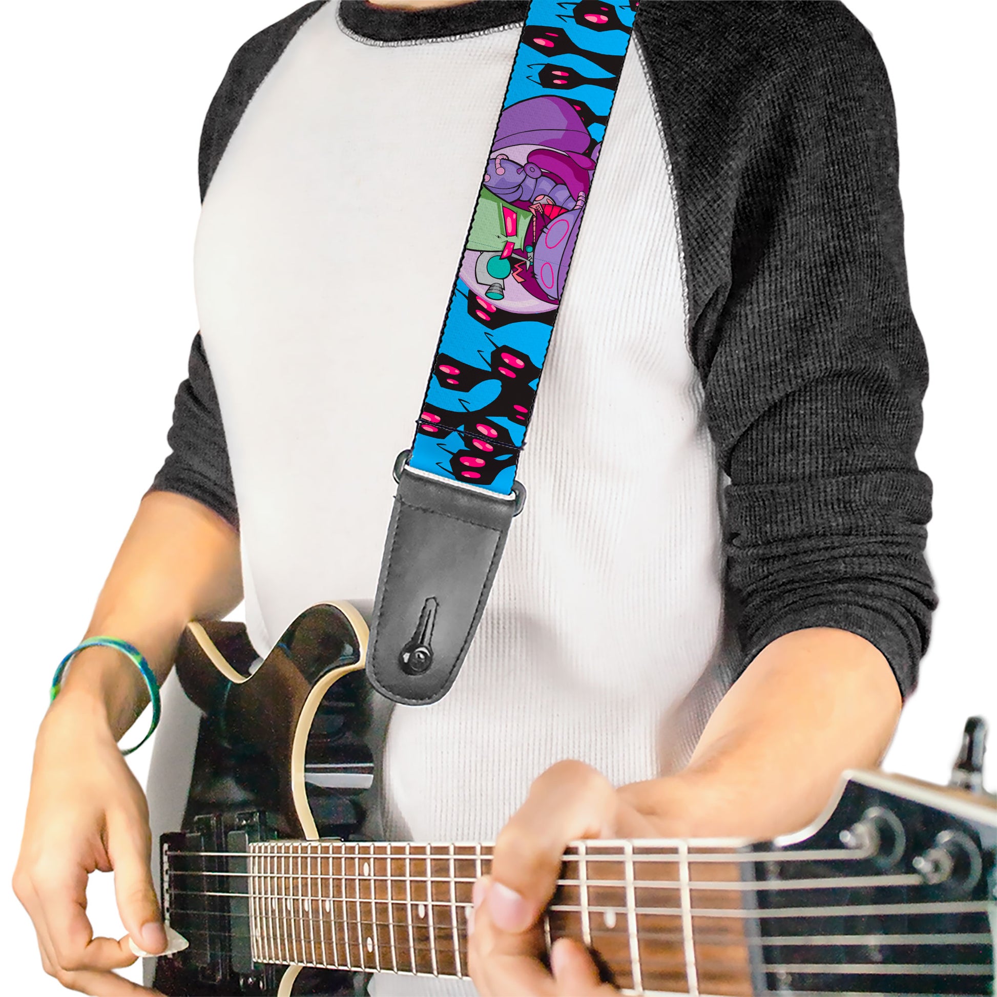 Guitar Strap - Invader Zim GIR and Piggy Rule the World Poses Blue Guitar Straps Invader Zim