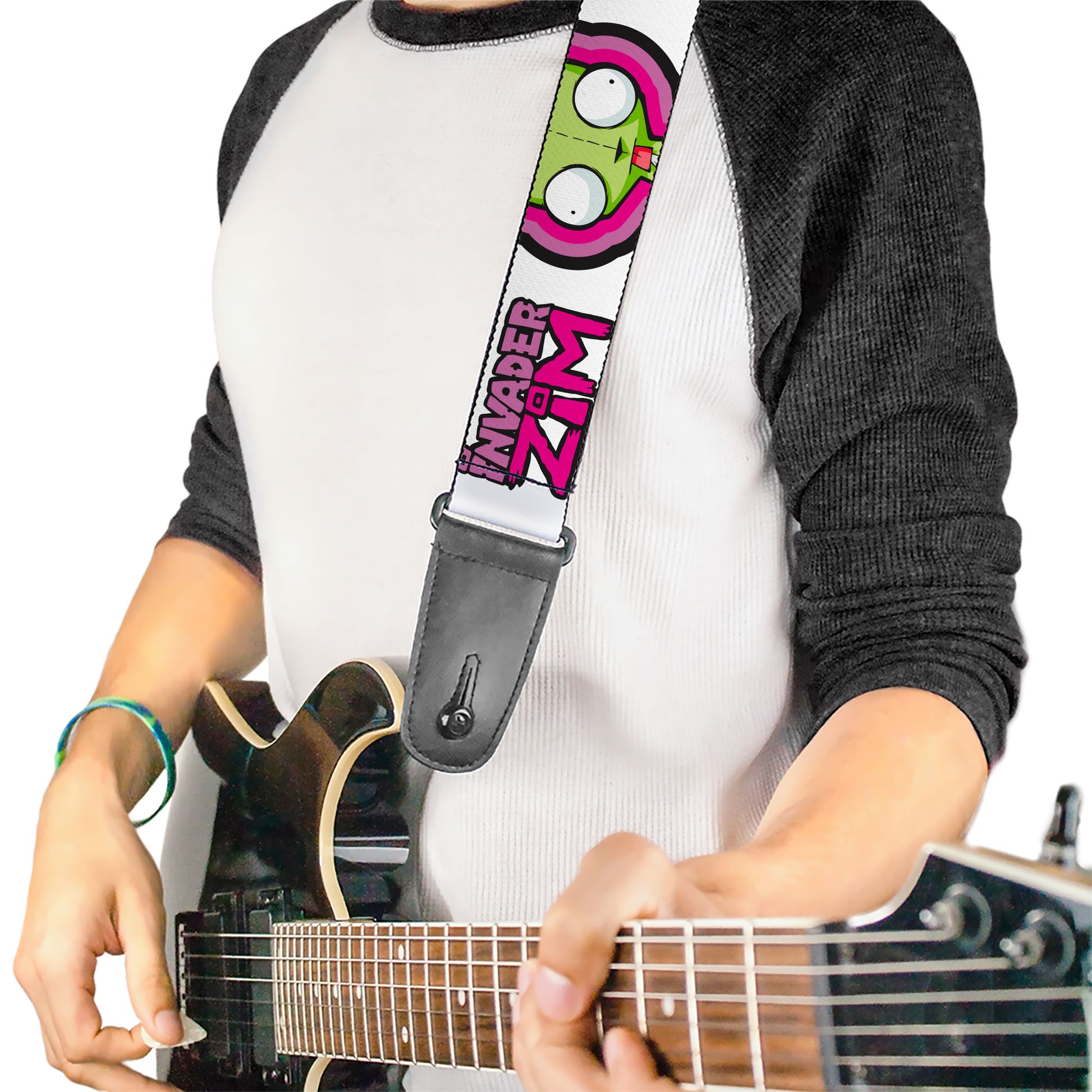 Guitar Strap - INVADER ZIM Title Logo and GIR Pose Close-Up White/Pinks Guitar Straps Invader Zim