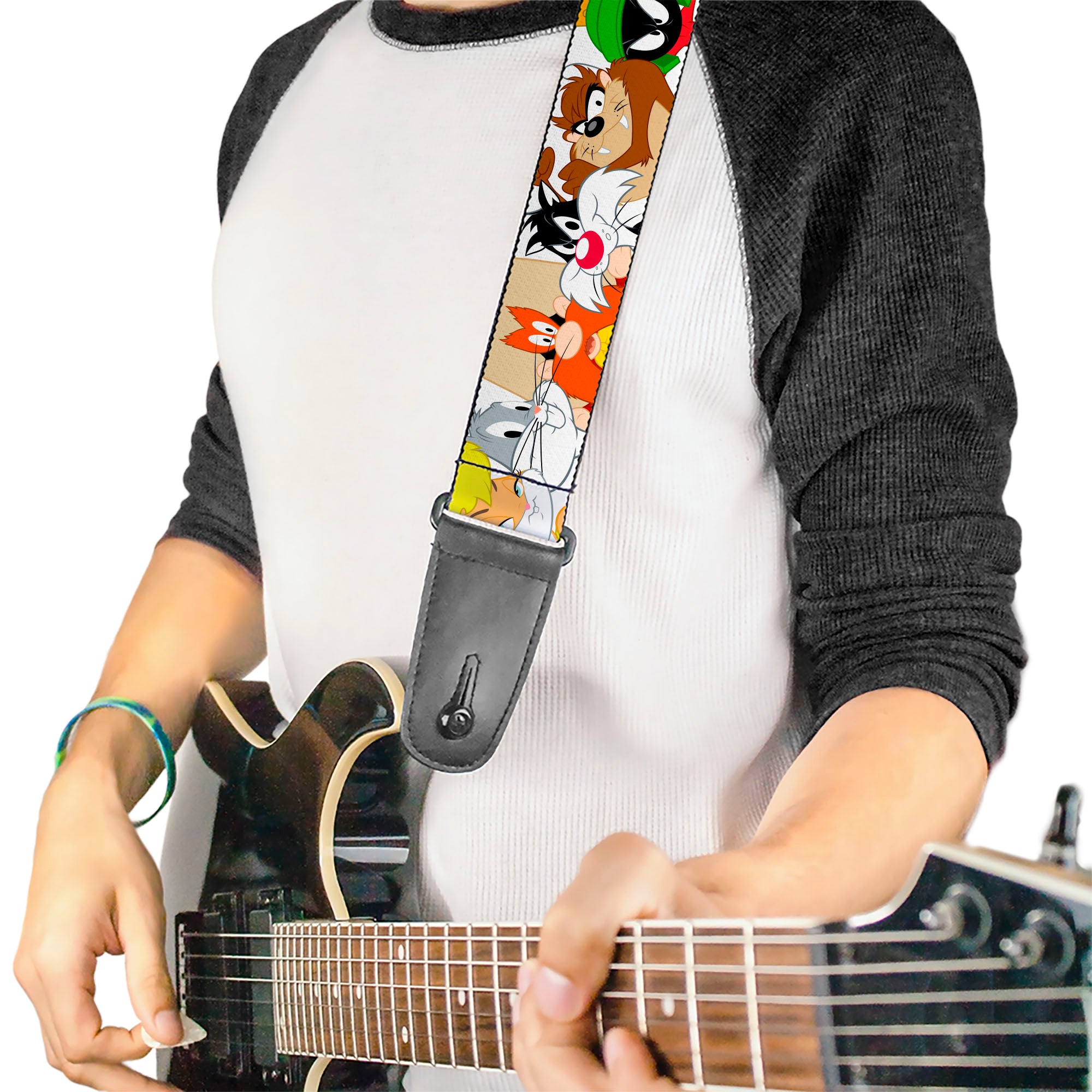 Guitar Strap - Looney Tunes Nine Character Faces White Guitar Straps Looney Tunes