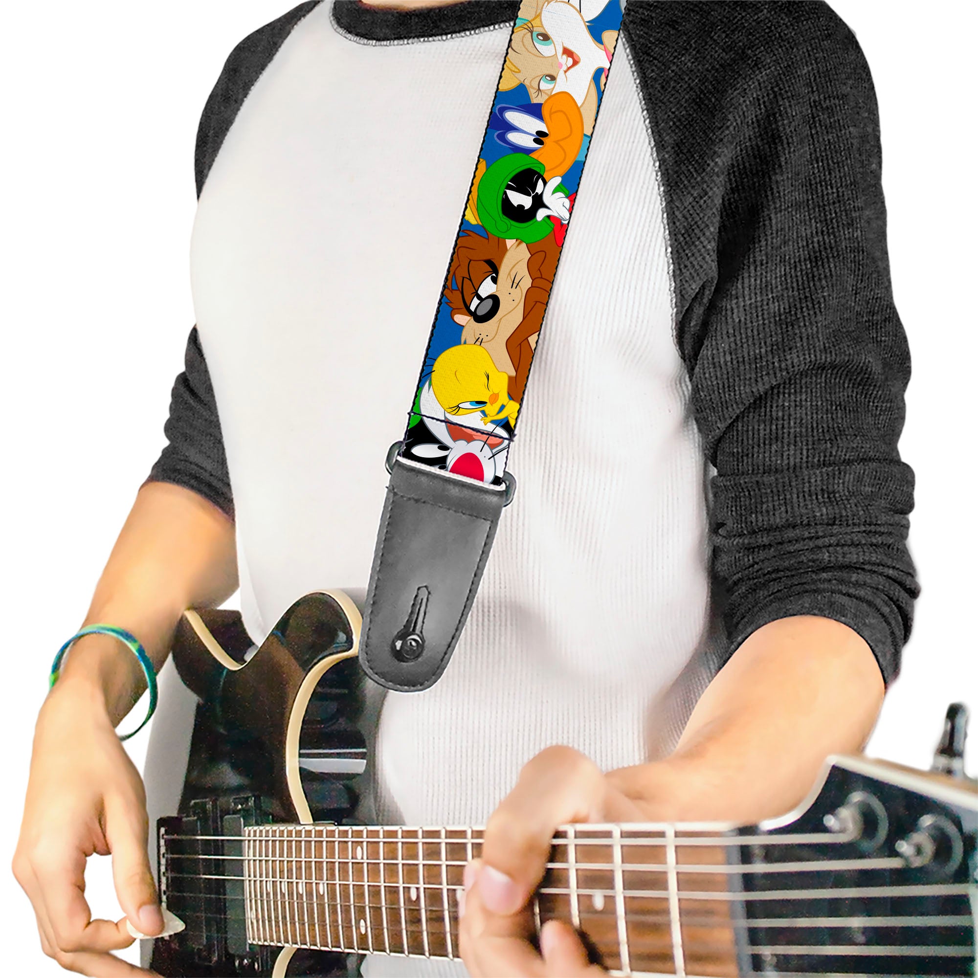 Guitar Strap - Looney Tunes Seven Character Faces Stacked Blue Guitar Straps Looney Tunes