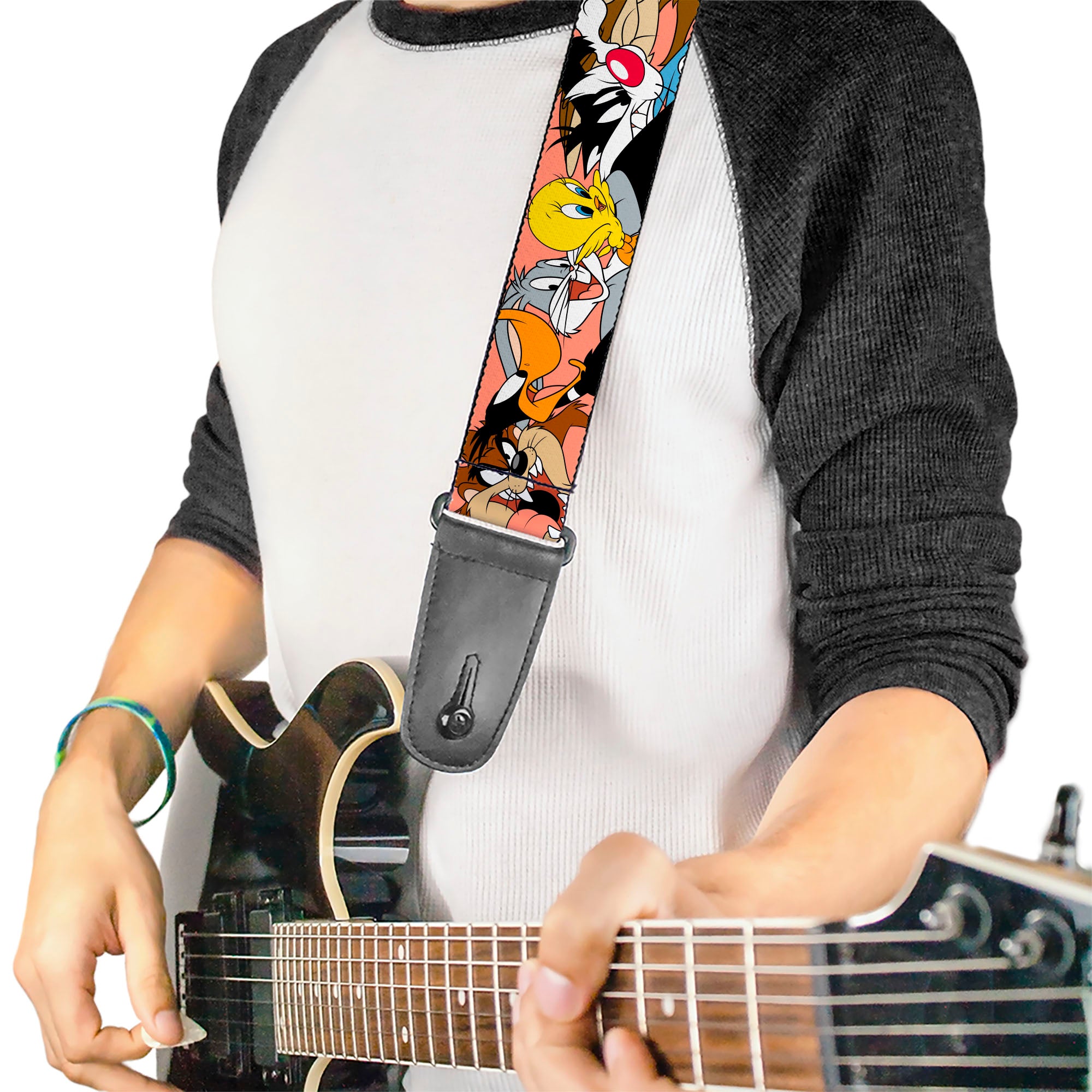 Guitar Strap - Looney Tunes Seven Character Poses Stacked Peach Guitar Straps Looney Tunes