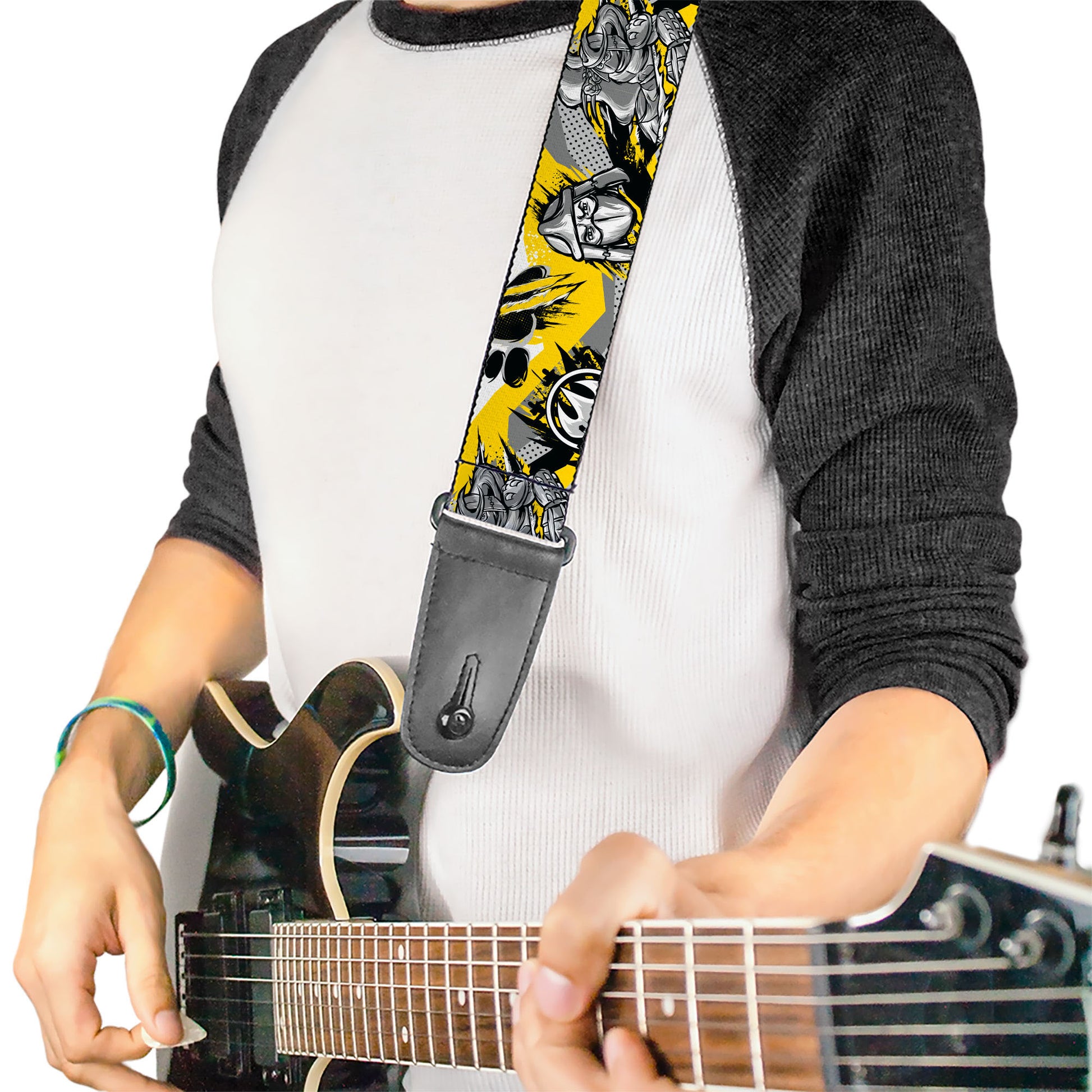 Guitar Strap - Teenage Mutant Ninja Turtles Shredder Pose and Icons Grays/Yellow Guitar Straps Teenage Mutant Ninja Turtles