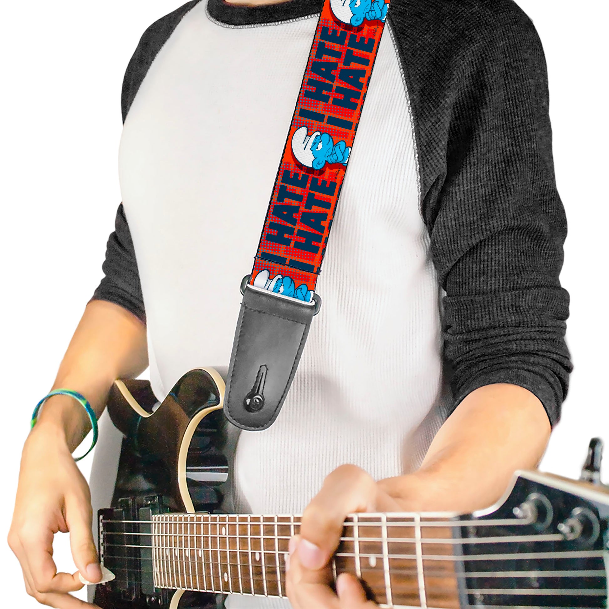 Guitar Strap - Grumpy Smurf I HATE I HATE Arms Crossed Pose Red/Blue Guitar Straps The Smurfs