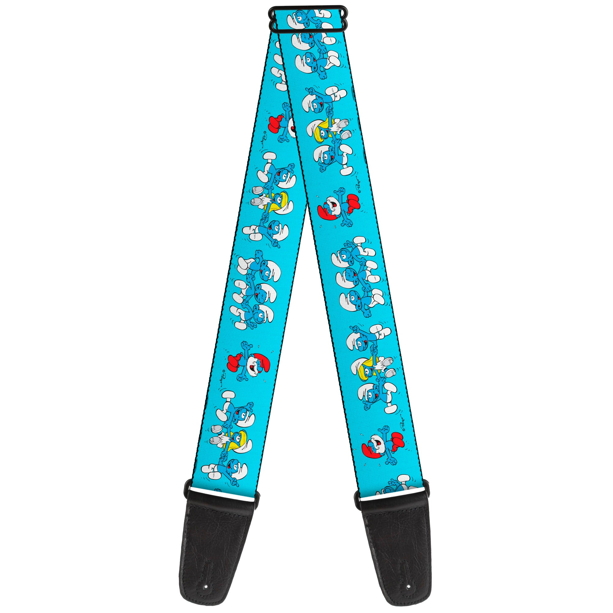 Guitar Strap - The Smurfs Seven Character Group Holding Hands Jumping Blue Guitar Straps The Smurfs