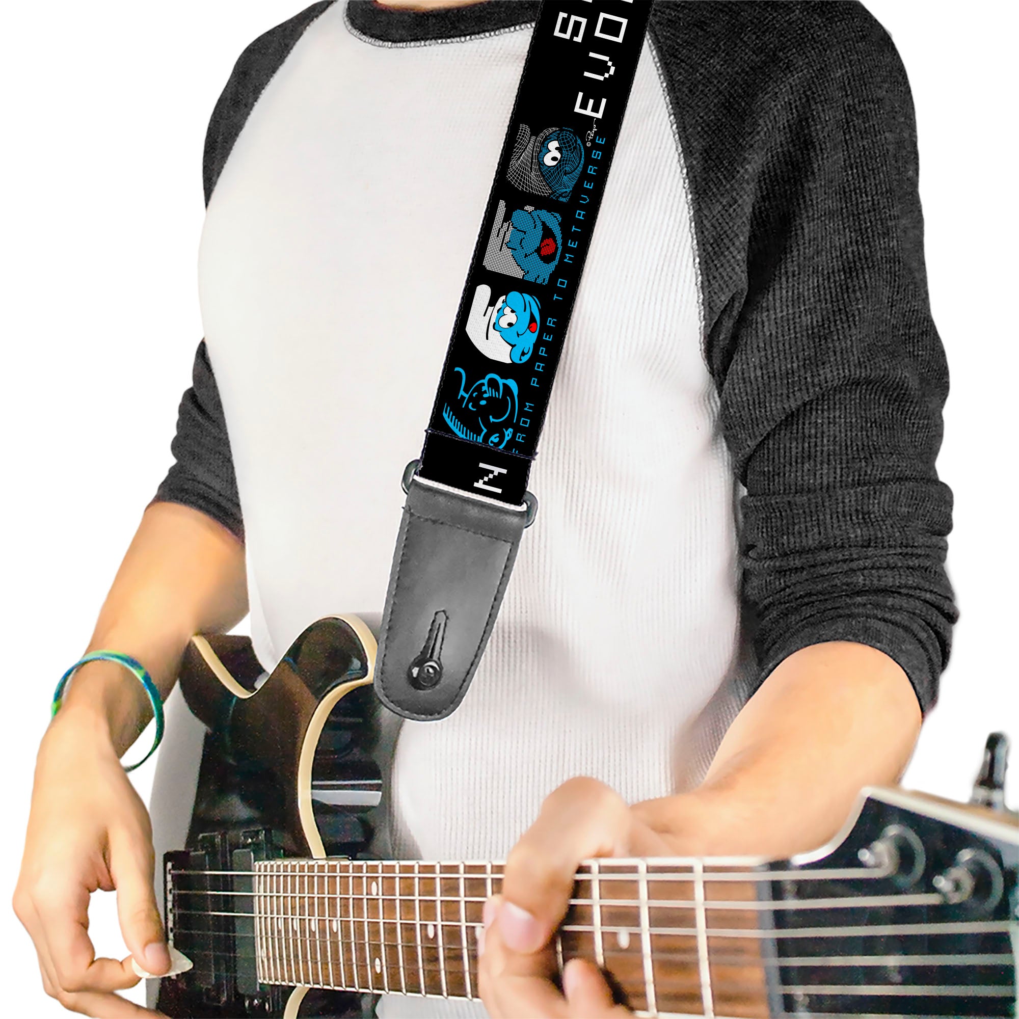 Guitar Strap - SMURF EVOLUTION FROM PAPER TO METAVERSE Smiling Face Black/White/Blues Guitar Straps The Smurfs